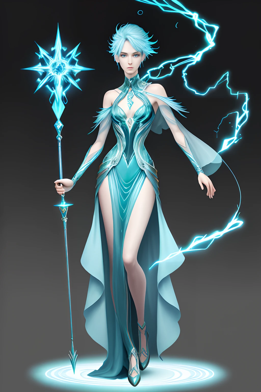 (Full Body) Aquarius: The Water Bearer,
A slender, androgynous person with blue hair and sparkling green eyes.
They have a curious, intelligent expression on their face and a sense of mystery about
them.
They often wear futuristic clothing and carry a staff topped with a lightning bolt. (Full Body)