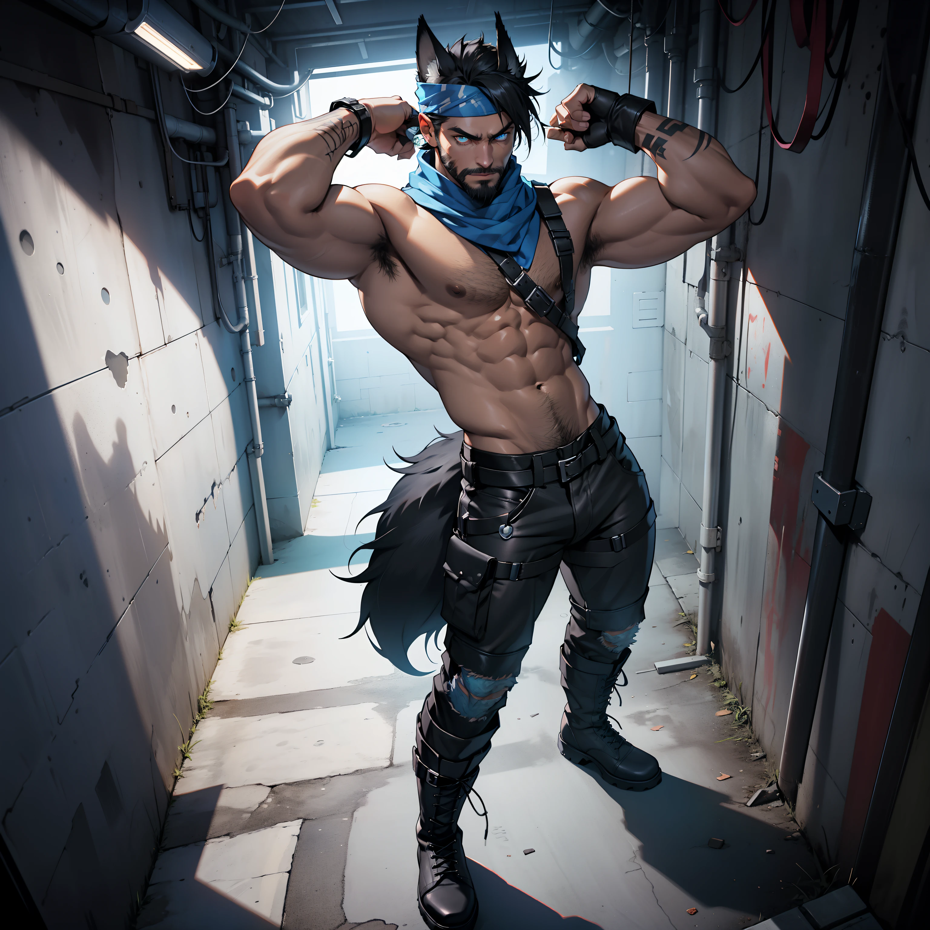 male psychopath, ((wearing black military boots)), full body shot, viewed from below, lit from above, masculine male with short beard, evil guy, body hair, ((dark tanned skin)), bulge, hairy armpits, short cropped black hair, ((has wolf ears)), ((has wolf tail)), smoky grunge punk graffiti, wearing skintight black pants, sagging low on his hips, solo, alone, has glowing blue eyes, covered in blue tattoos, wearing bandana and leather wrist bands, wearing fingerless gloves, muscular thighs