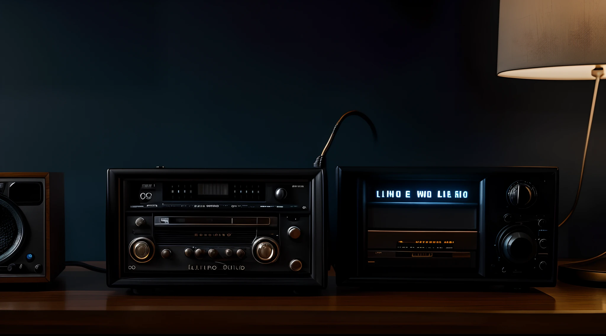 A RADIO CENTERED IN THE FOREGROUND ON A DESK TUNED TO 90.7 RADIO LUPO SOLITARIO, RADIO LONE WOLF WITH A BLACK BLURRED BACKGROUND
