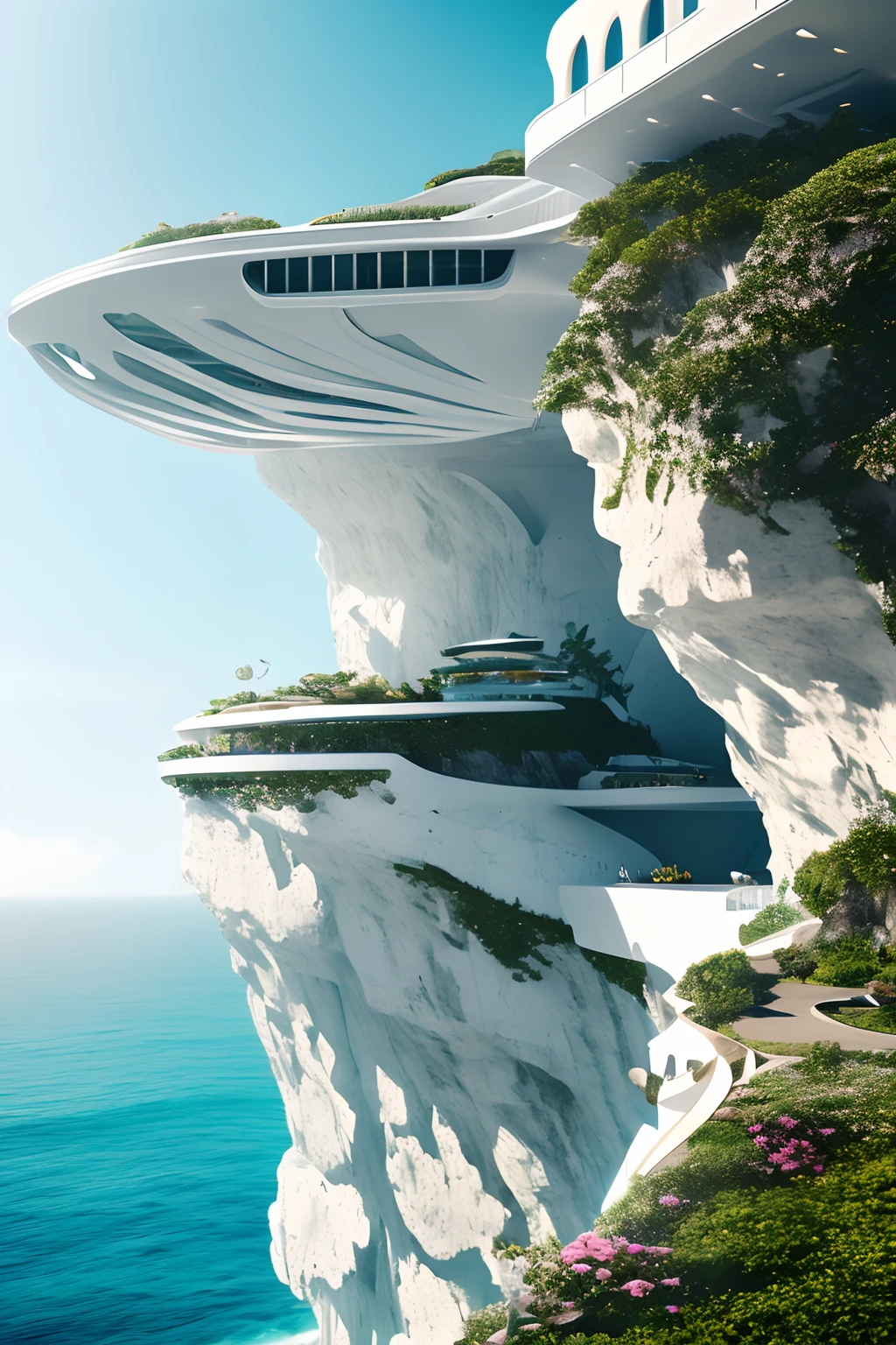 a large white building on top of a cliff next to the ocean, built around ocean, large futuristic residence, floating palace, overlooking the ocean, fantasy architecture, cliffside town, luxury architecture, concept art. 8 k, ocean cliff view, huge futuristic building, surreal sci fi architecture, inspirational architecture, stunning architecture, the village on the cliff, award winning architecture