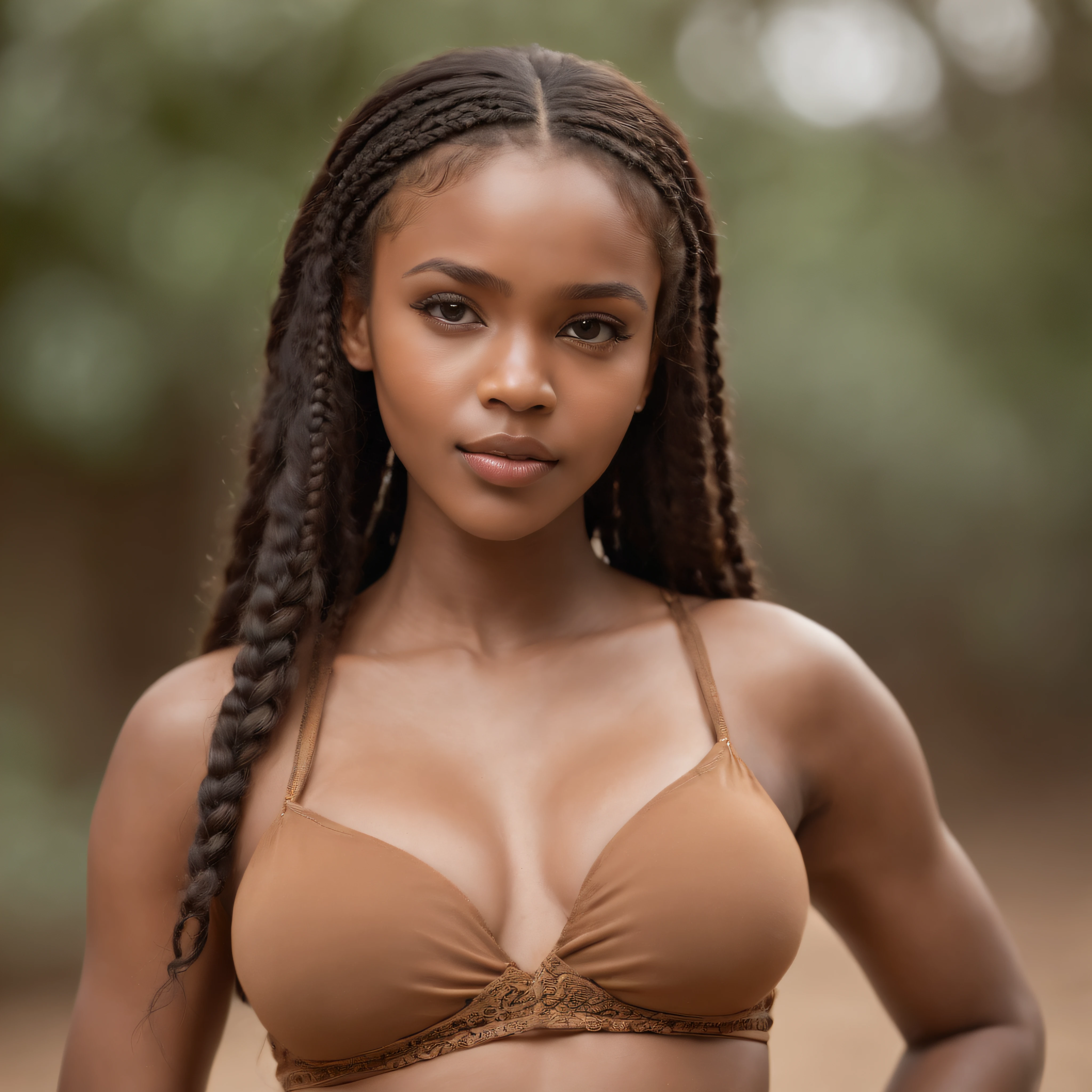 gritty candid raw full-body photo of a young 20 year old beautiful, big lips, full body, high cheekbones, playful, African and Indian mixed race, busty, Short blond braided hair, realistic skin texture, very tall and athletic, boho-chic, flawed skin, Wearing Nike trainers, Smiling, shot with Sony Alpha A6500 1.4f, bokeh, highly detailed, masterpiece,