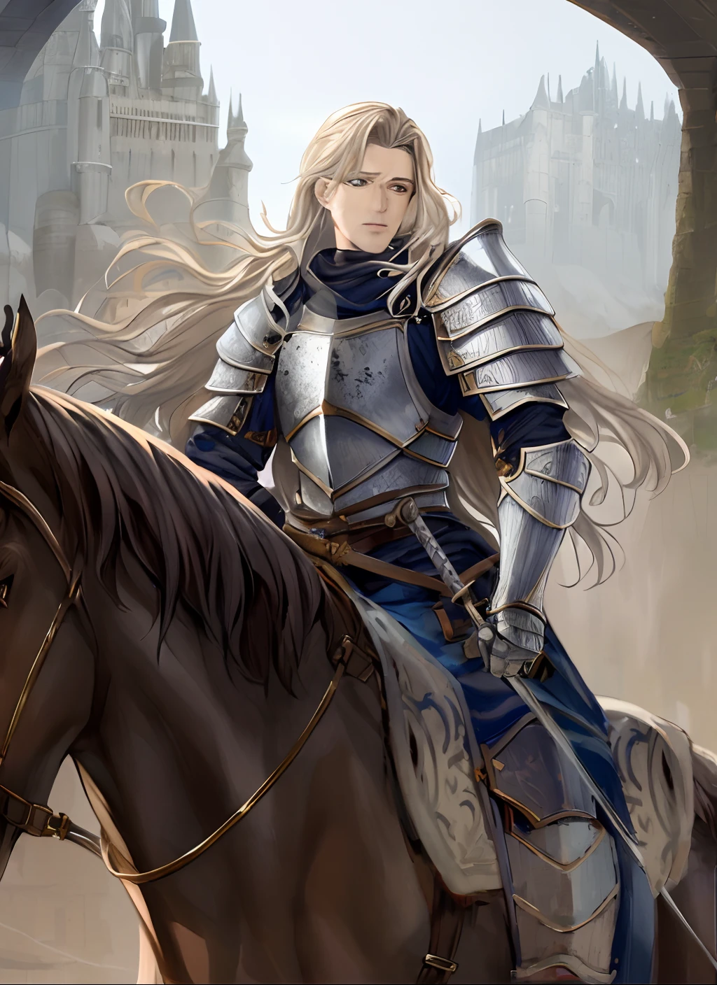 There is a man in armor riding a horse in a castle, Malepaladin, a human male paladin, Arsen Lupin as Paladin, casimir art, magali villeneuve, full portrait of magical knight, inspired by Li Chevalier, fantasy paladin, portrait of fin wildcloak, fantasy knight, Portrait of a male paladin