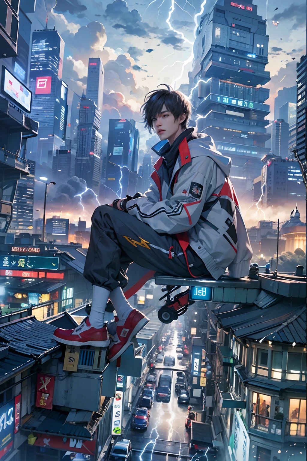 1boy, boy、Cyberpunk Boy、Anime-like protagonist、silber hair、The beginning of the adventure、Lots of clouds,heavy fog、(Lightning:1.5)、starrysky、Moon,Chaotic city of the future、Movie dystopia、(Giant airship:1.5)、A group of very tall skyscrapers stands in the center、Very complex cityscape,Crowded Chinese skyscrapers、street signs、streetlights、taxis、buses、Train、Blue lighting,Dark road、puddles、Chaotic、Beautiful and fantastic scenery、Cinematic scenery、hightquality、masutepiece,in 8K、hight resolution、
