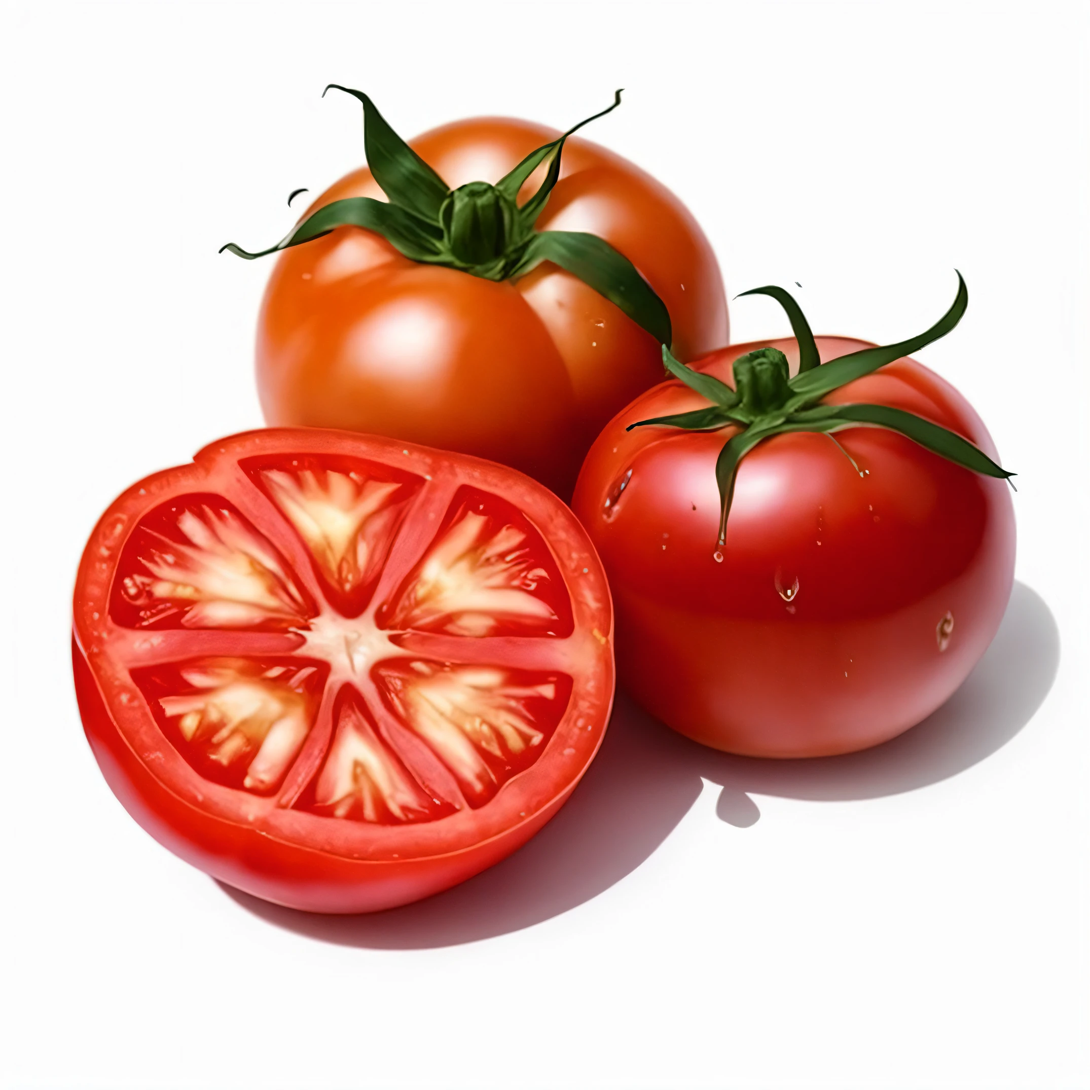 Tomatoes cut in half、Placed on a white surface, tomatoes, Tomatoes too, tomatoes, Also 1 tomato slice, 1 tomato slice, 1 slice of red tomato, super realistic food picture, tomato sauce, by Ignacio Zuloaga, by Yang Borun, Forrest Gump Tomato Body, by Libiusz Jurai, by Eva Gonzalès