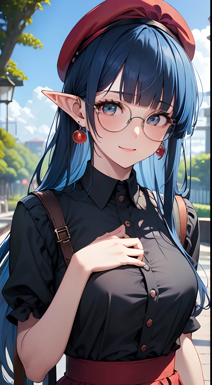 (masterpiece), best quality, a cute elf standing in a garden, she is wearing a black shirt, she is wearing a red beret, black shirt with collar, she is wearing a red skirt, (red skirt), simple earings, cute girl, (smilling, happy, laughing), cute eyes, simple shirt, buccolic, wind, shinny eyes, perfect hand, feminine, BREAK (1girl, solo,alone), photorealistic, perfect shading, relistic, detailed, realistic hair, (perfect face, expressive eyes),(close up),detailed background, backlight, cosy, cool colors, fun expression, happy vibe, relaxed atmosphere, flowers, nature, blue flowers, leafs, intricate, gorgeous clouds, beautiful sky, grass, depth BREAK her hair is light blue, (blunt bangs), long hair expressive eyes, perfect face, circle-glasses, light_blue_hair BREAK (red baret:1.5), ( full black shirt:1.3), (light_blue_hair:1.3), (blunt bangs:1.3) BREAK vivid colors, perfect lighting, professional image, 4k, cuteness, soft, good emotions, happyness,