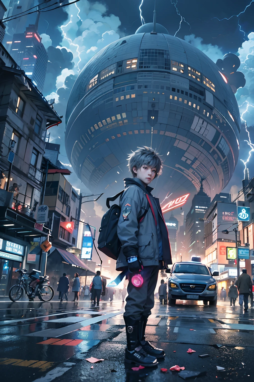 1boy,a 13 yo boy、Cyberpunk Boy、Anime-like protagonist、silber hair、The beginning of the adventure、Lots of clouds,heavy fog、(Lightning:1.5)、starrysky、Moon,Chaotic city of the future、Movie dystopia、(Giant airship:1.5)、A group of very tall skyscrapers stands in the center、Very complex cityscape,Crowded Chinese skyscrapers、street signs、streetlights、taxis、buses、Train、Blue lighting,Dark road、puddles、Chaotic、Beautiful and fantastic scenery、Cinematic scenery、hightquality、masutepiece,in 8K、hight resolution、