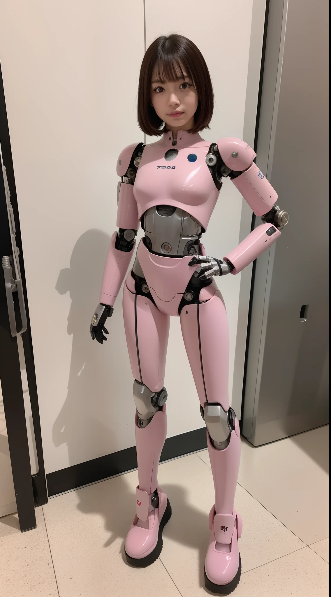 cyborgs, Pink, Silver, metalic, Robot Parts, Metal Parts, Super Detailed Face, Super Cropped Face, of the highest quality, a small face, Full body, Standing, Black hair, Thin, Camera gaze, Internal Mechanical Exposure, Idol, Live action,, 9 head body, gravure, Photo session, akihabara, Moe Pose, Frontal, Model body type, sad, Embarrassing,(Perfect Robot Girl),(Perfect machine body)