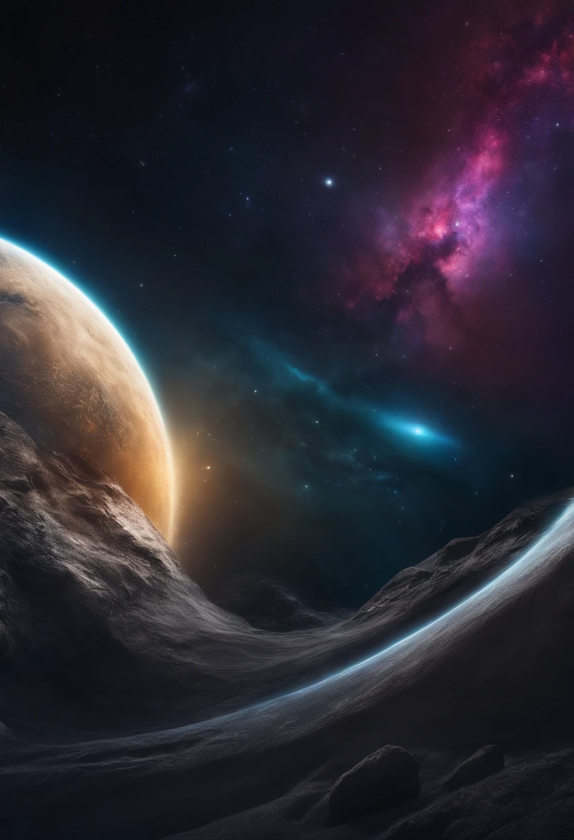 Banner horizontal, tema de universo, com um computador no meio da imagem, floating in the space. On the computer screen it is written "Offline"