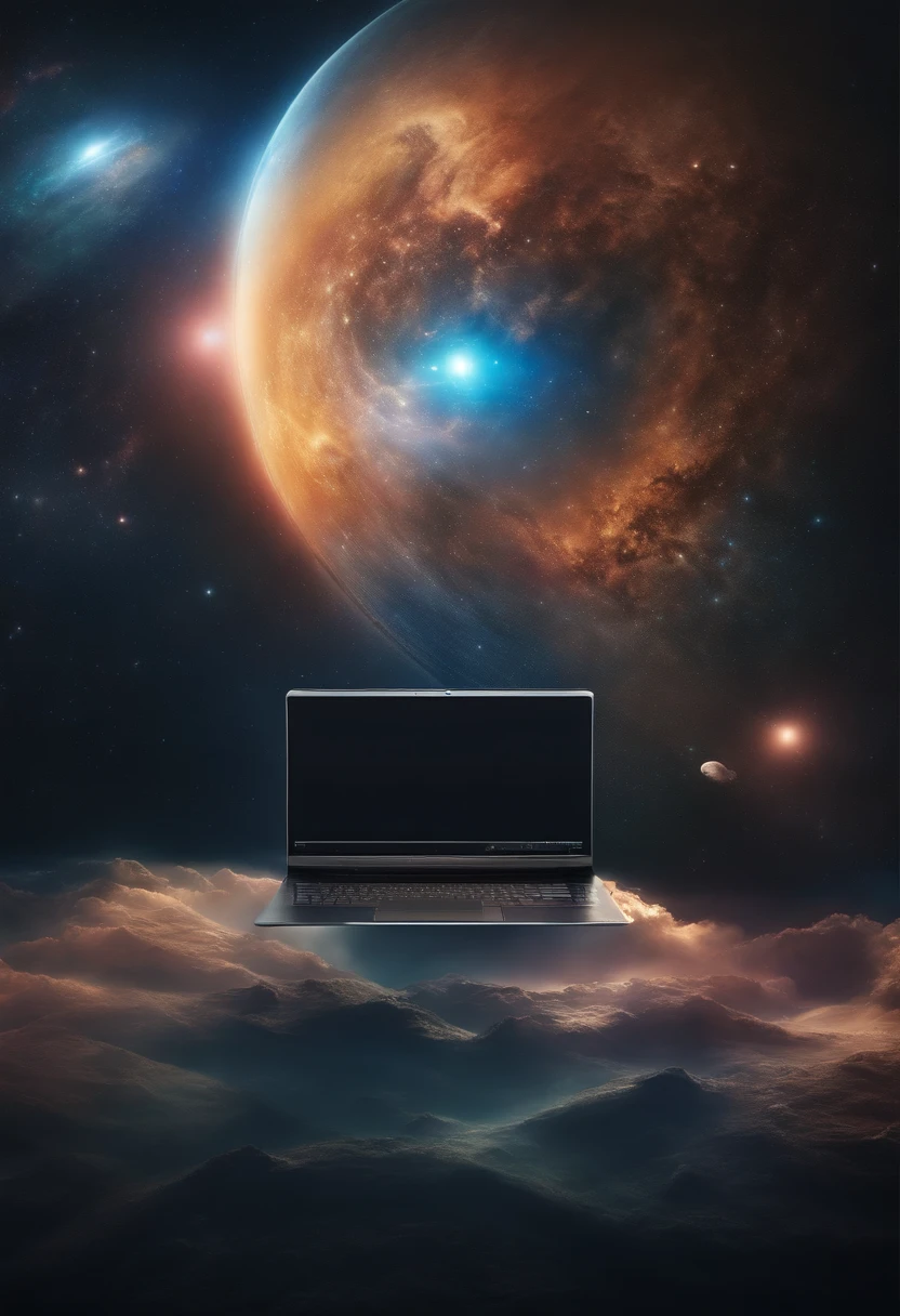 Banner horizontal, tema de universo, com um computador no meio da imagem, floating in the space. On the computer screen it is written "Offline"