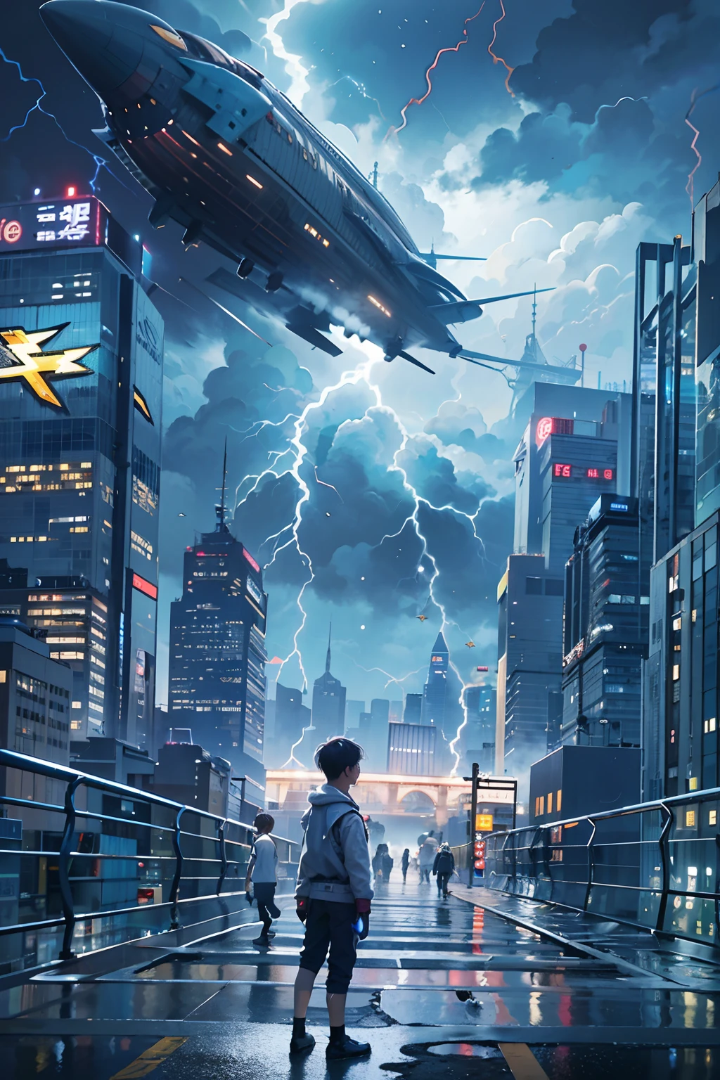1boy,a 13 yo boy、Cyberpunk Boy、Anime-like protagonist、silber hair、The beginning of the adventure、Lots of clouds,heavy fog、(Lightning:1.5)、starrysky、Moon,Chaotic city of the future、Movie dystopia、(Giant airship:1.5)、A group of very tall skyscrapers stands in the center、Very complex cityscape,Crowded Chinese skyscrapers、street signs、streetlights、taxis、buses、Train、Blue lighting,Dark road、puddles、Chaotic、Beautiful and fantastic scenery、Cinematic scenery、hightquality、masutepiece,in 8K、hight resolution、