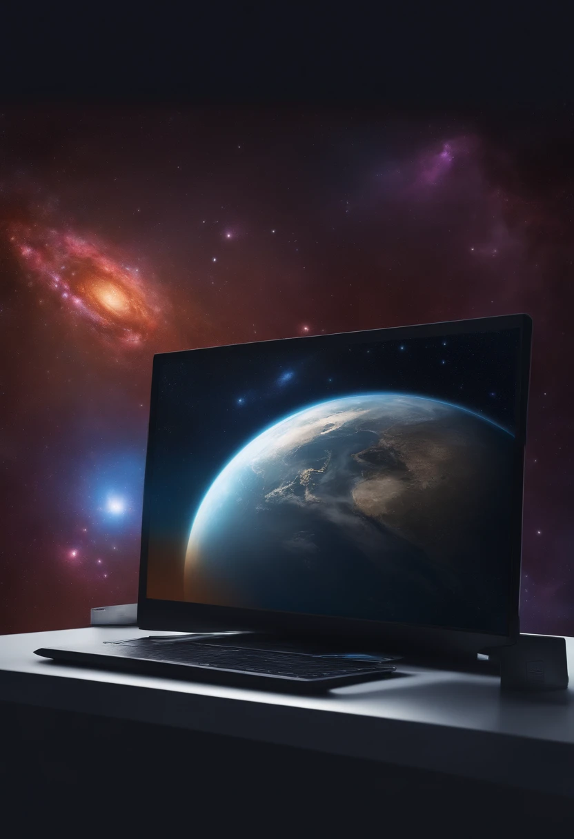 Banner horizontal, tema de universo, com um computador no meio da imagem, floating in the space. On the computer screen is written the following word in English: Offline
