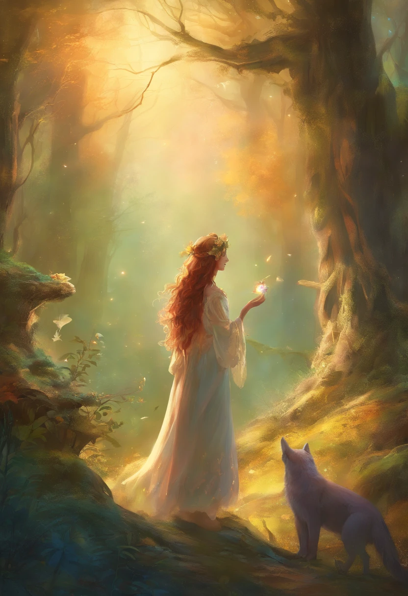 Illustration for a fairy tale about a girl, standing in the woods, who knows how to talk to animals