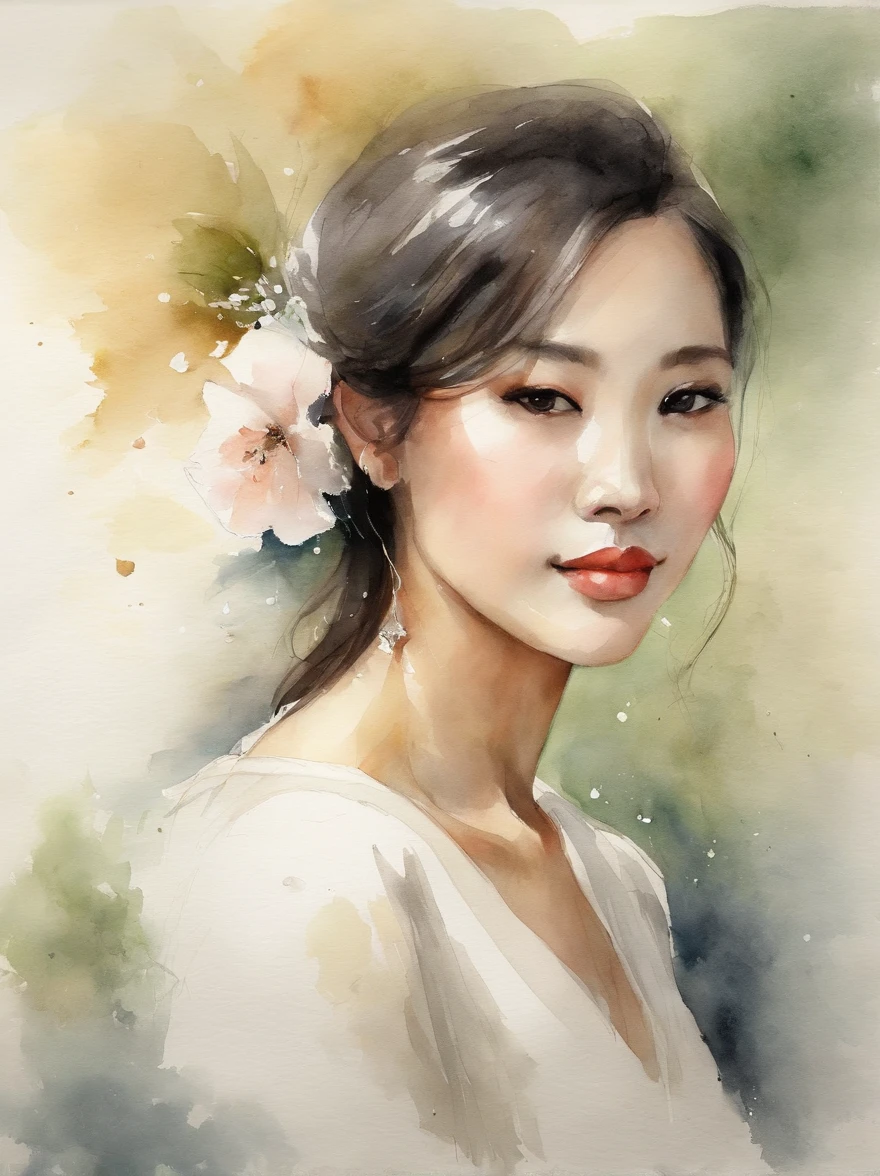 Watercolor painting of a Very Beautiful Korean girl : : Trending on Artstation: : Simple composition creates a sense of order and harmony. The painting reflects the spiritual qualities of the natural world. --up light --ar 9:16