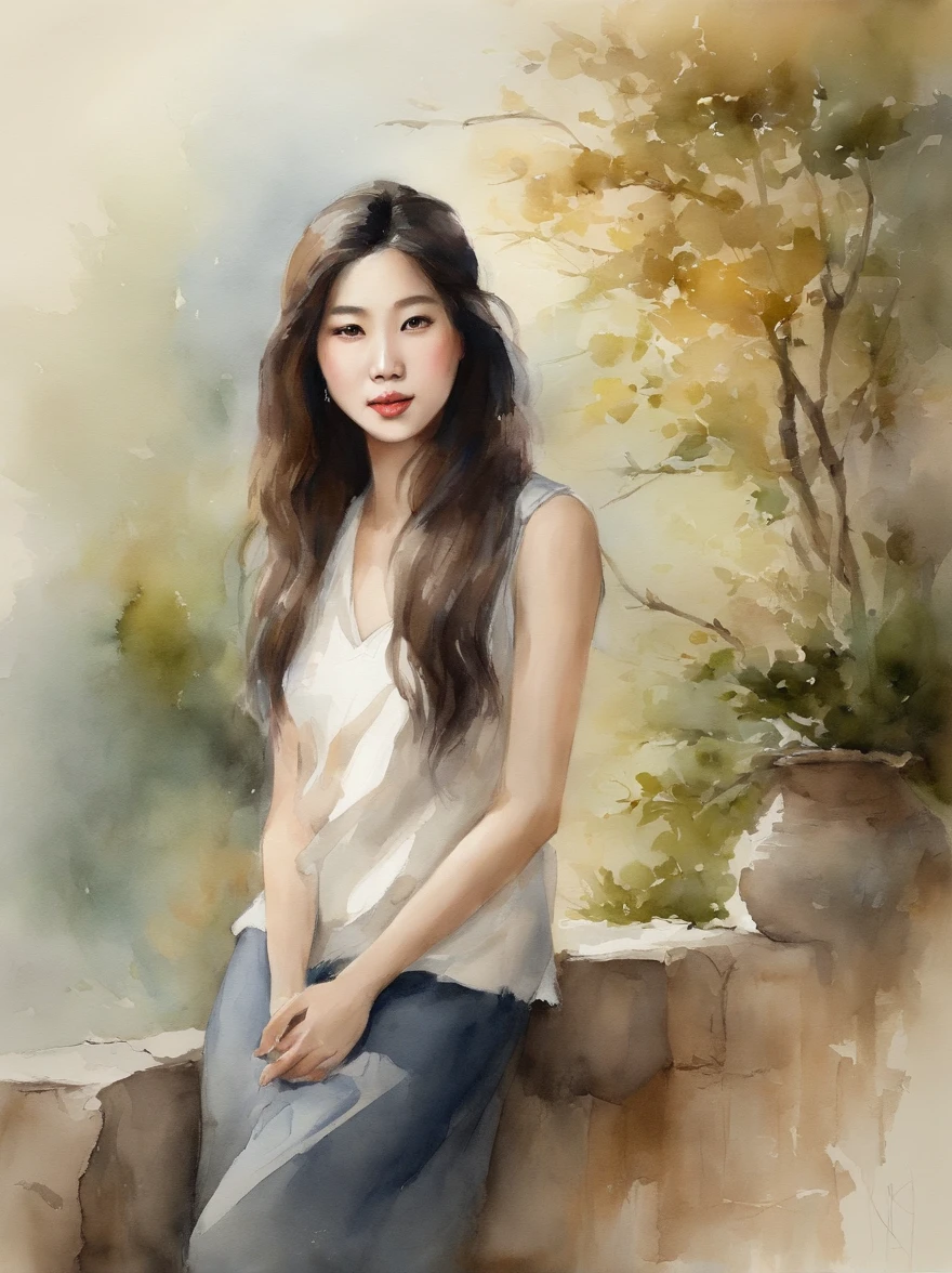 Watercolor painting of a Very Beautiful Korean girl : : Trending on Artstation: : Simple composition creates a sense of order and harmony. The painting reflects the spiritual qualities of the natural world. --up light --ar 9:16