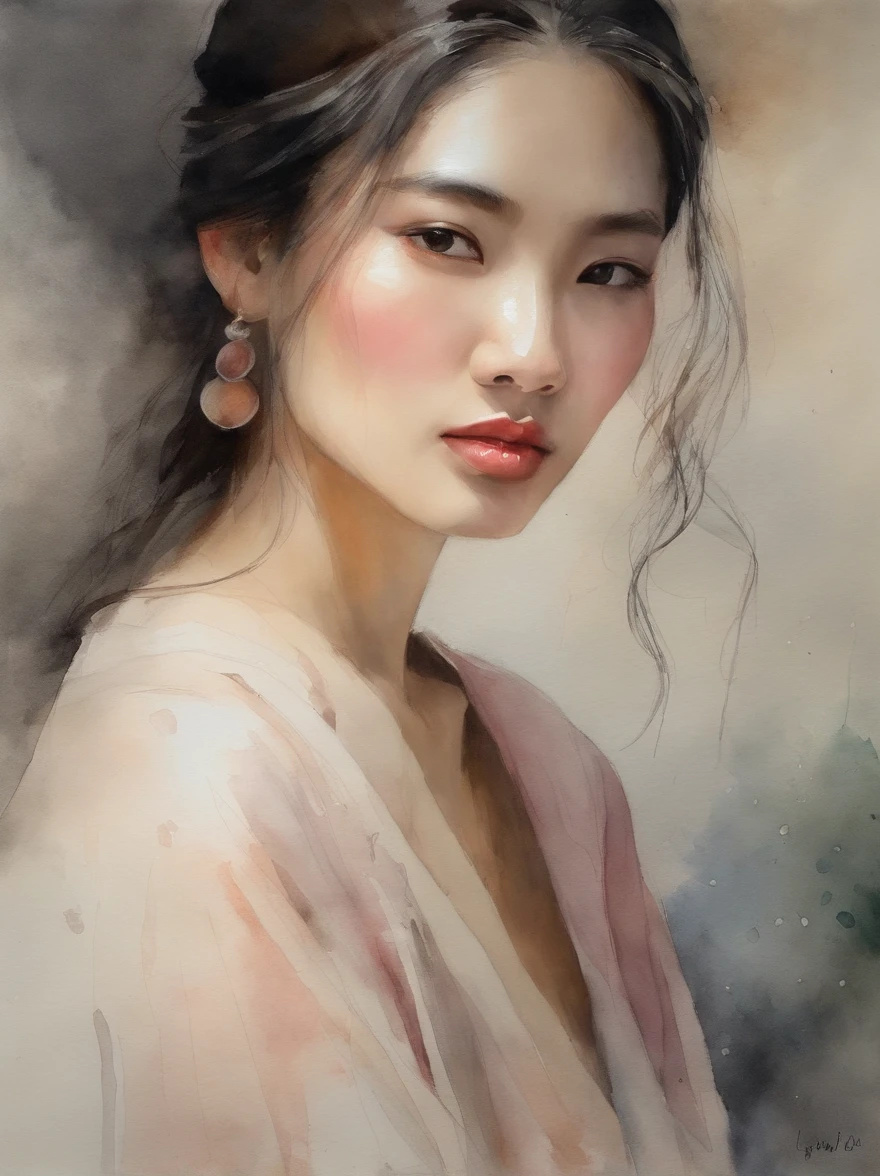 Watercolor painting of a Very Beautiful Korean girl : : Trending on Artstation: : Simple composition creates a sense of order and harmony. The painting reflects the spiritual qualities of the natural world. --up light --ar 9:16