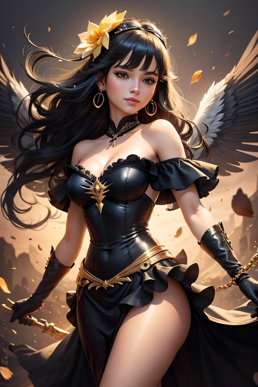 jorbria, angel wings, beautiful woman, (photorealistic), backlit, black background, black dress, black gloves, black hair, smile, cowboy shot, dress, earrings, floating hair, gloves, gold earrings, gold hair band, hair flower, hair ornament, ((hair band)), jewelry, light particles, long hair, look viewer, off-the-shoulder dress, off-shoulder, Petals, Side Rock, Solo, Spike, Beautiful Dress, Double-sided Fabric, ((Masterpiece))