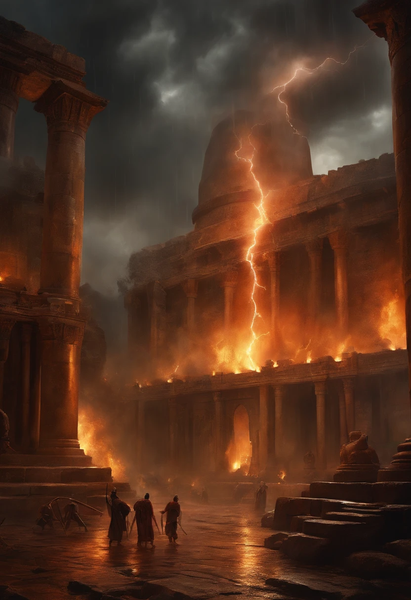 the destruction of pompeii, roman city, mount vesuvius, eruption, lava, dark sky, cinematic, ample headroom, ambient lighting, flying rocks, ashes, people running, 79 AD