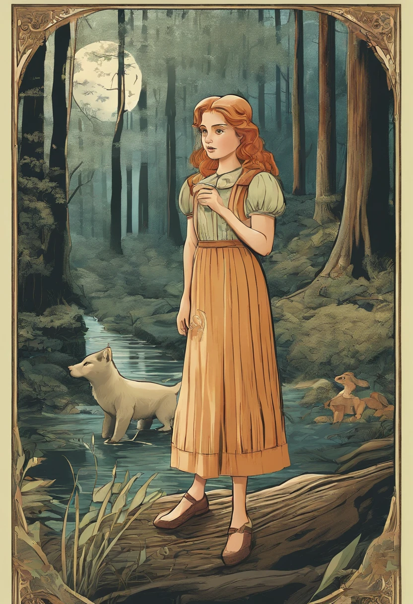 Illustration for a fairy tale about a girl, standing in the woods, who knows how to talk to animals