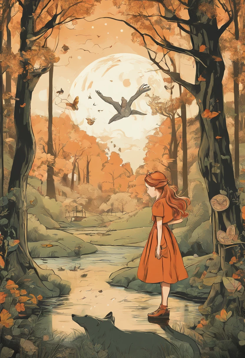Illustration for a fairy tale about a girl, standing in the woods, who knows how to talk to animals