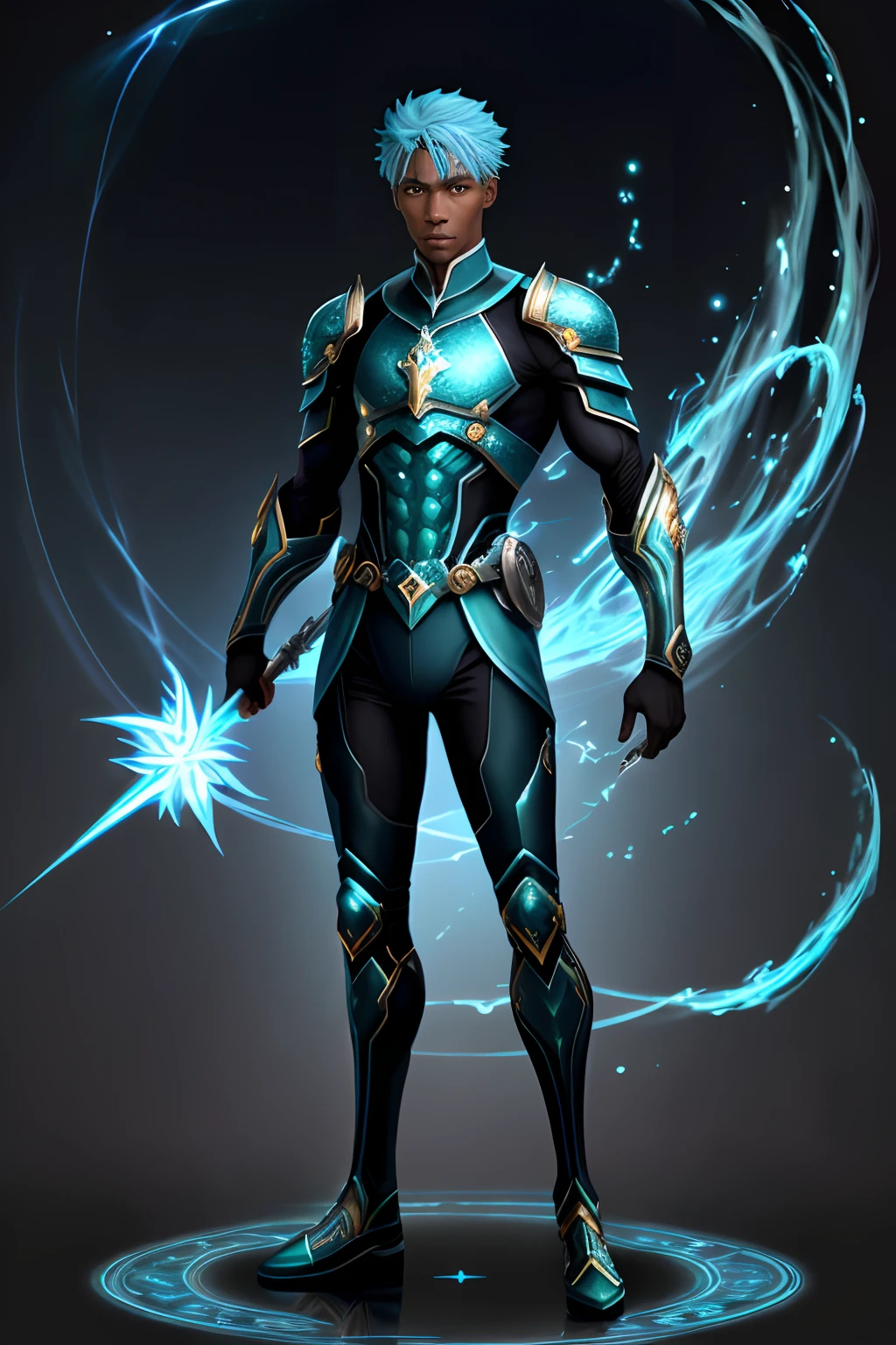 (Full Body) "Aquarius: The Water Bearer, Zodiac Sign", zodiac sign logo ,A slender, muscular warrior, older black male with blue hair and sparkling green eyes. They have a curious, intelligent expression on their face and a sense of mystery about them. They often wear full body armor clothing and carry a staff topped with a lightning bolt. (Full Body)