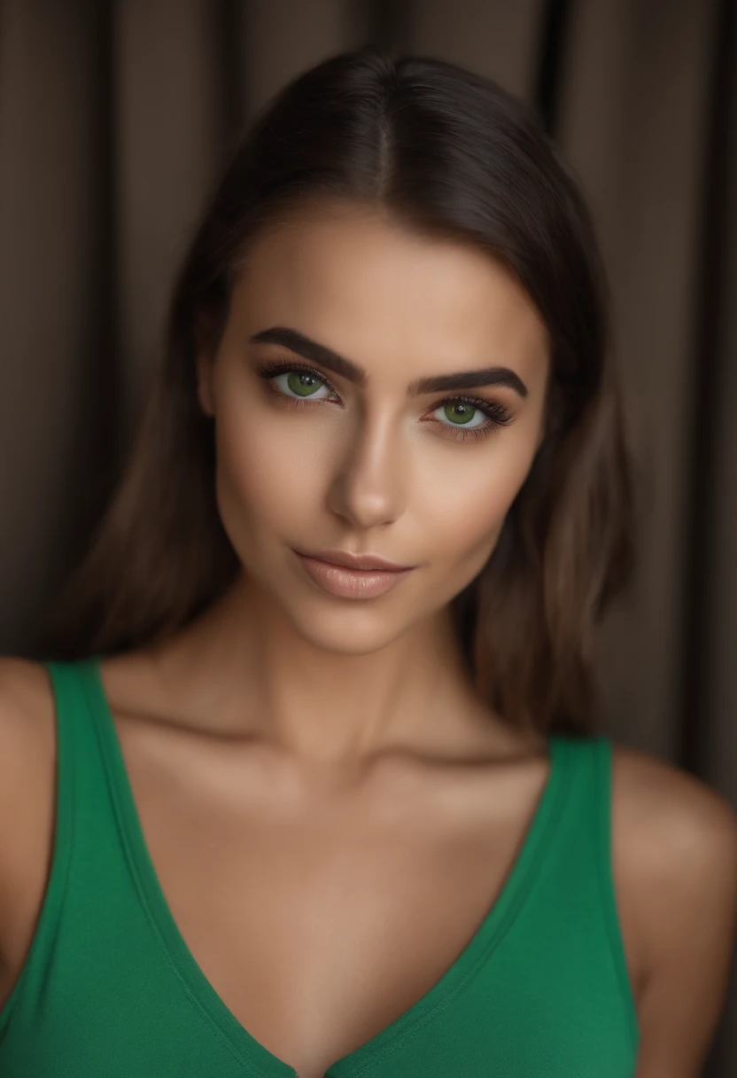 Arafed Mujer con una camiseta blanca sin mangas y un collar, Chica sexy con ojos verdes, Retrato Sophie Mudd, brown hair and large eyes, selfie de una mujer joven, Ojos del dormitorio, Violeta Myers, sin maquillaje, Maquillaje natural, staring directly into camera, cara con artgram, maquillaje sutil, Impresionante foto de cuerpo completo, penetrantes ojos verdes, beautiful angle, Pose atractiva, Cute little girl, pose sexy, Imagen de cuerpo entero, cuerpo completo, full body shoot, Diosa morena, High detail, Pose satisfecha, pantalones de cuero