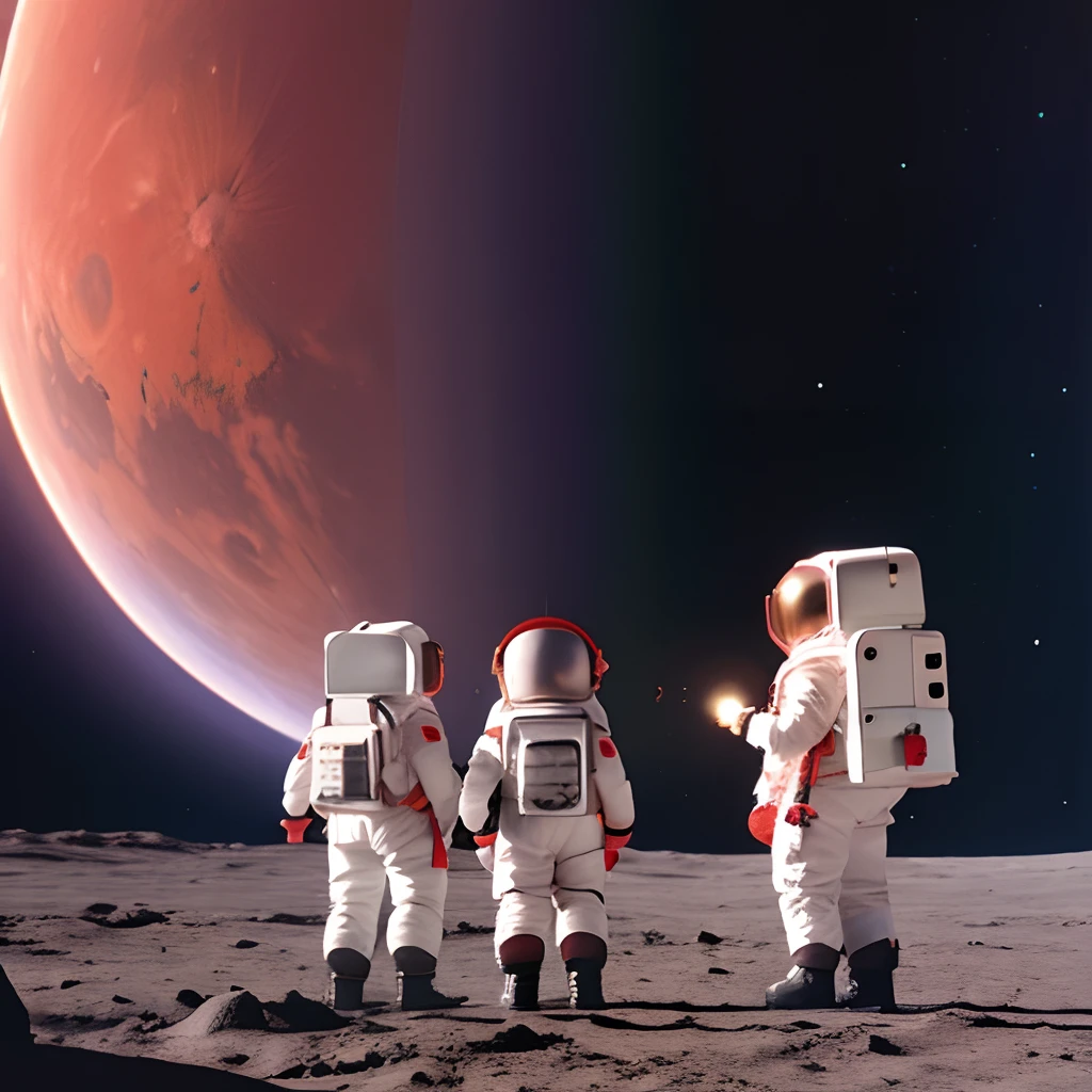 Children in space suits looking at the earth from the moon and with a rocket in the background of the image as well as reddish mountains