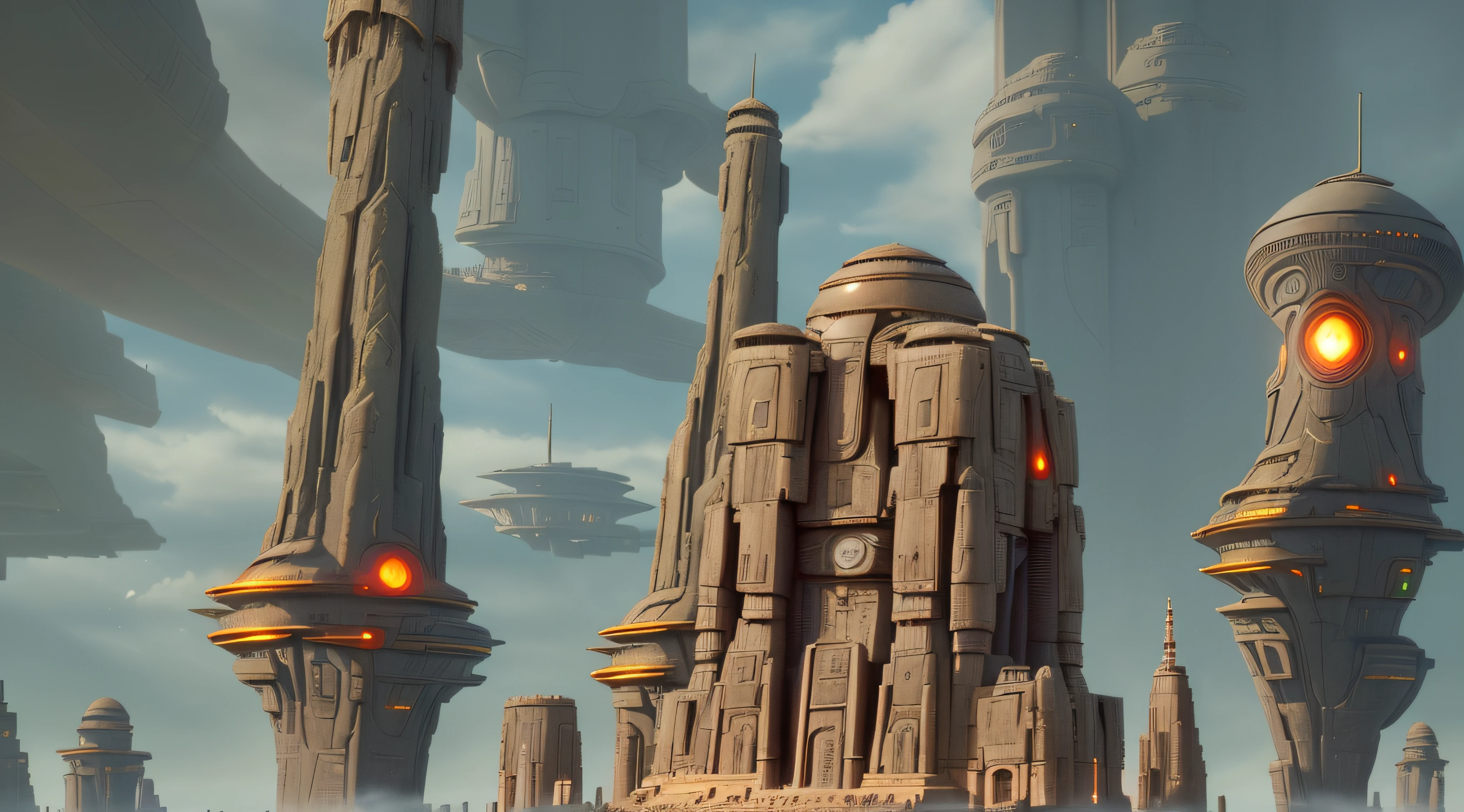 there is a clock on the tower in the middle of a city, exterior of scifi temple, dune city and temples of arrakis, huge futuristic temple city, galactic temple, ancient yet futuristic, coruscant, ancient sci - fi city, mysterious temple setting, giant towering pillars, monolithic temple, ancient science fiction art, star wars architecture