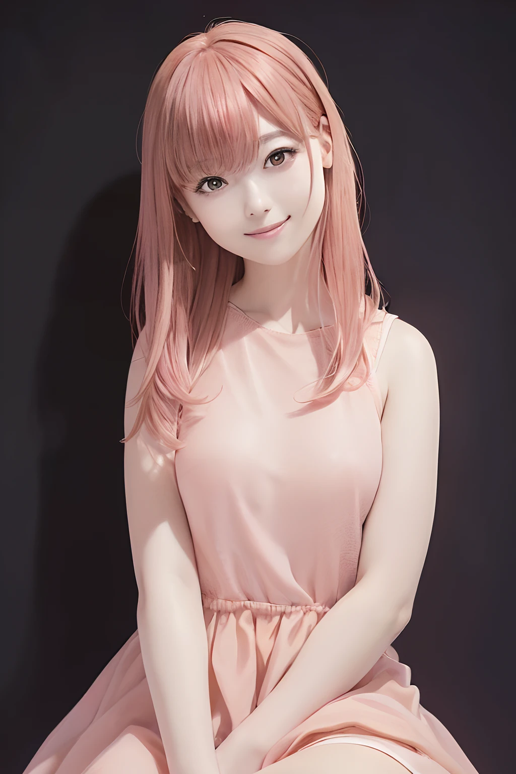 FULL BODYSHOT、(((black backgrounds)))、front facing、an oil painting、masterpiece、top-quality、front facing、hight resolution、(((Peach-colored hair)))、A smile、(((pink clothing)))、bobhair、(((Peach-colored dress)))、femele1a person、