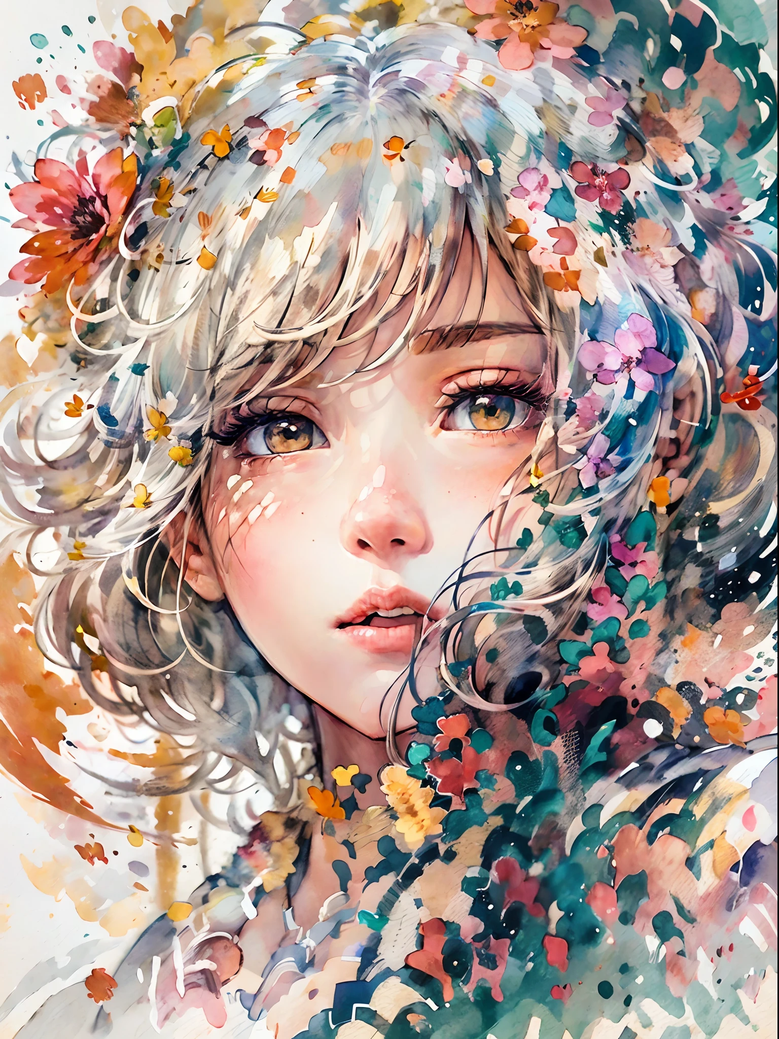 (masutepiece),best quality,Illustration,Art Nouveau,Sumi-e,Portrait,onry_1girl_Face,(White background:1.4),(the Extremely Detailed CG Unity 8K Wallpapers:1.1),(Colorful:0.8),,(Solo:1.2), (Ink splashing),(splashes of colour),((watercolor paiting)),flowers background,Outdoors,boulders,Soft smile,pure,(beautiful),Detailed and complex pattern,colorwater,(Face Focus),Looking at Viewer