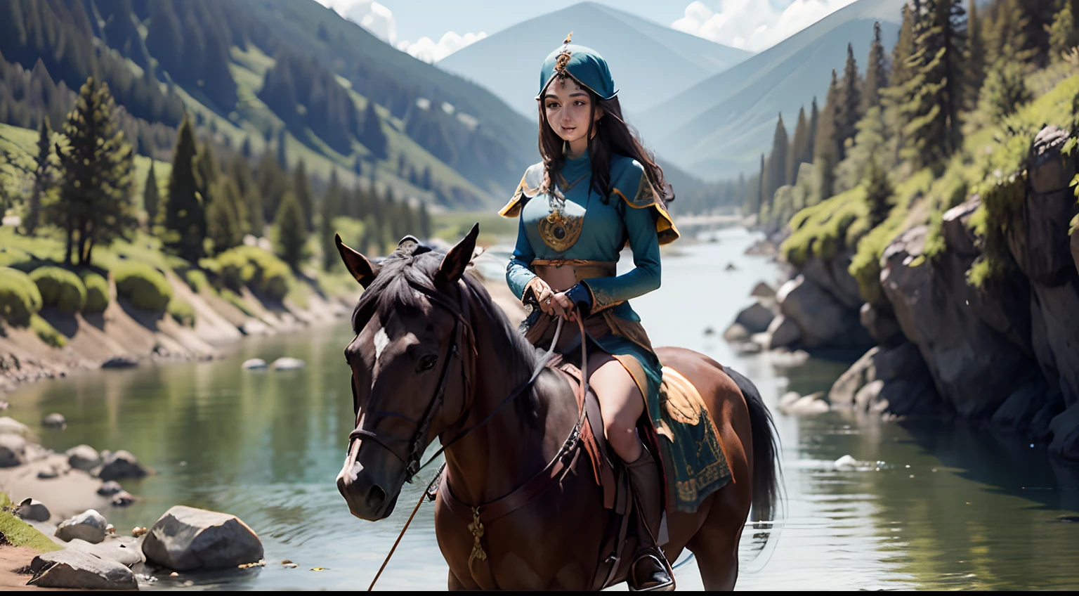 Ultra-realistic photo Young tantric priestess woman with tattoos and percings riding a horse on a mountain next to a river