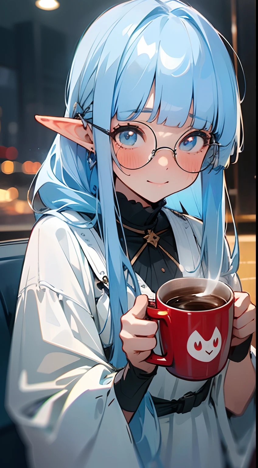 (masterpiece), best quality, a close up in a shy elf holding a mug of coffe, is late night, she is in the living room, warm colors, relaxing atmosphere, there is steam coming from the coffee, holding cup coffee,  ((red mug)), she is wearing a white dress, cute girl, ((she is smiling, blushing, shy)), cute eyes, (1girl, solo,alone), photorealistic, perfect shading, , detailed, realistic hair, (perfect face, expressive eyes),(night, cosy, wood),  cool colors,delicious coffee, aromatic, noturne, (innocent,feimine, gentle, soft, perfect mug), heart, bokeh

BREAK her hair is light blue, blunt bangs, long hair expressive eyes, perfect face, circle-glasses, light_blue_hair 

BREAK ( white dress:1.3), (light_blue_hair:1.3),(blunt bangs:1.3),

BREAK vivid colors, perfect lighting, professional image, 4k, cuteness, soft, good emotions,