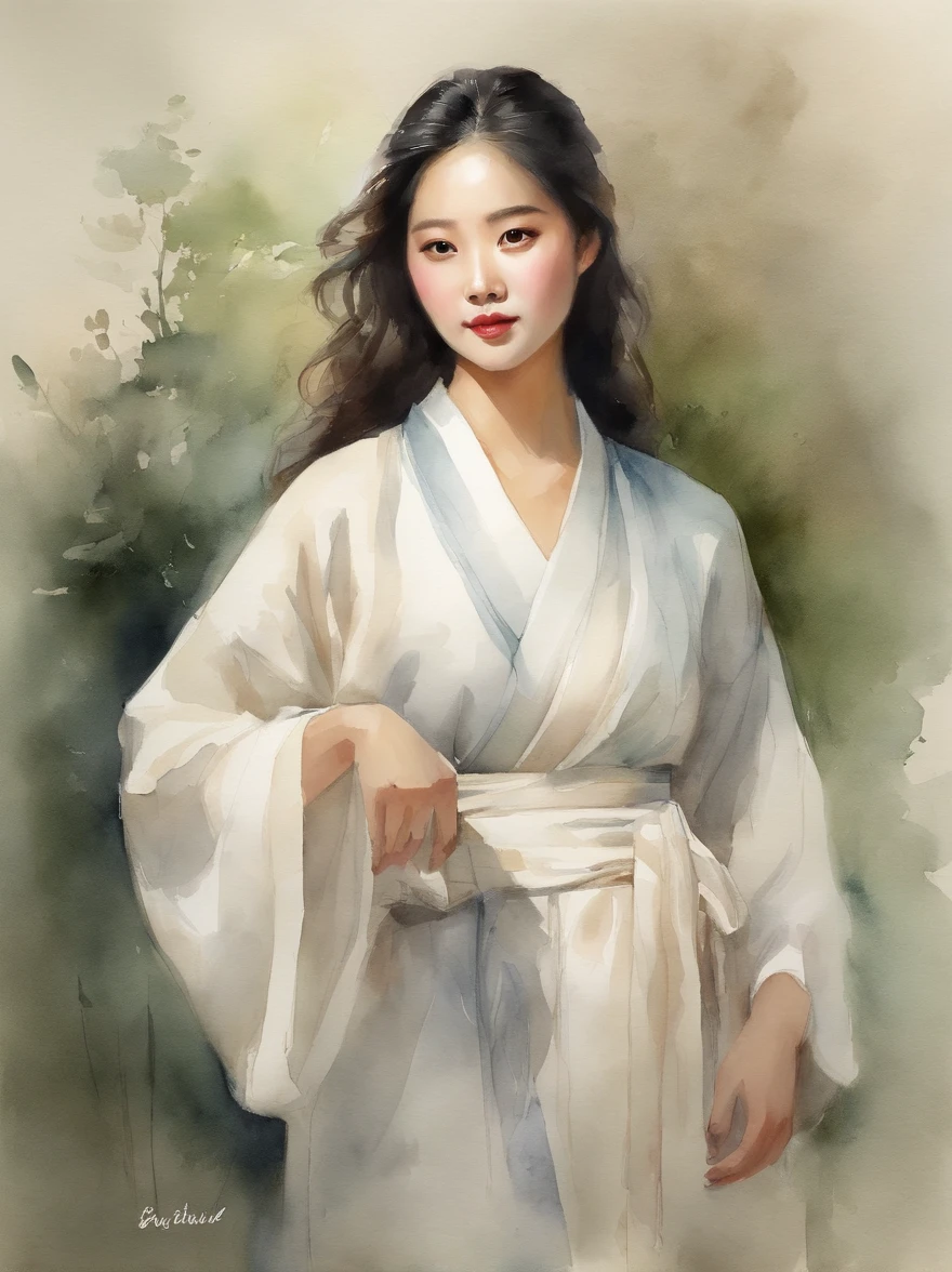 Watercolor painting of a Very Beautiful Korean girl : : Trending on Artstation: : Simple composition creates a sense of order and harmony. The painting reflects the spiritual qualities of the natural world. --up light --ar 9:16