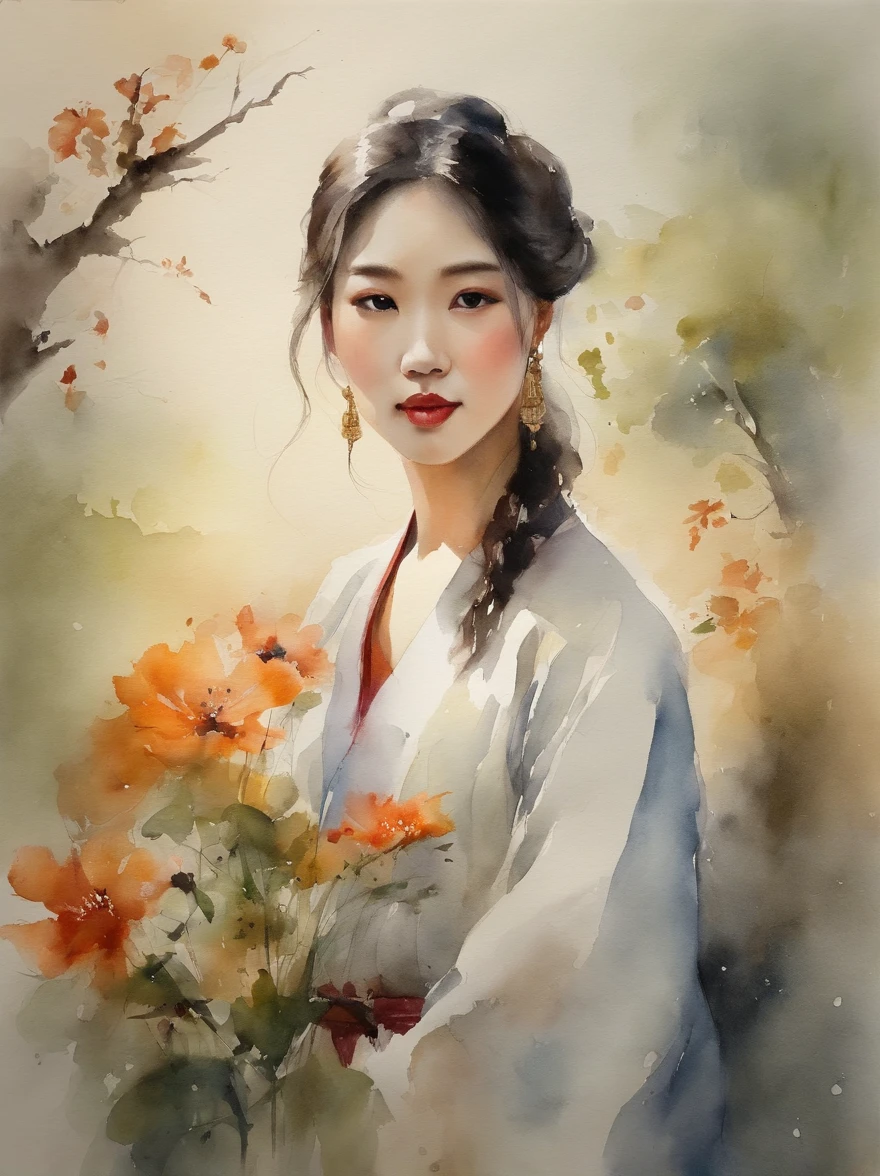 Watercolor painting of a Very Beautiful Korean girl : : Trending on Artstation: : Simple composition creates a sense of order and harmony. The painting reflects the spiritual qualities of the natural world. --up light --ar 9:16