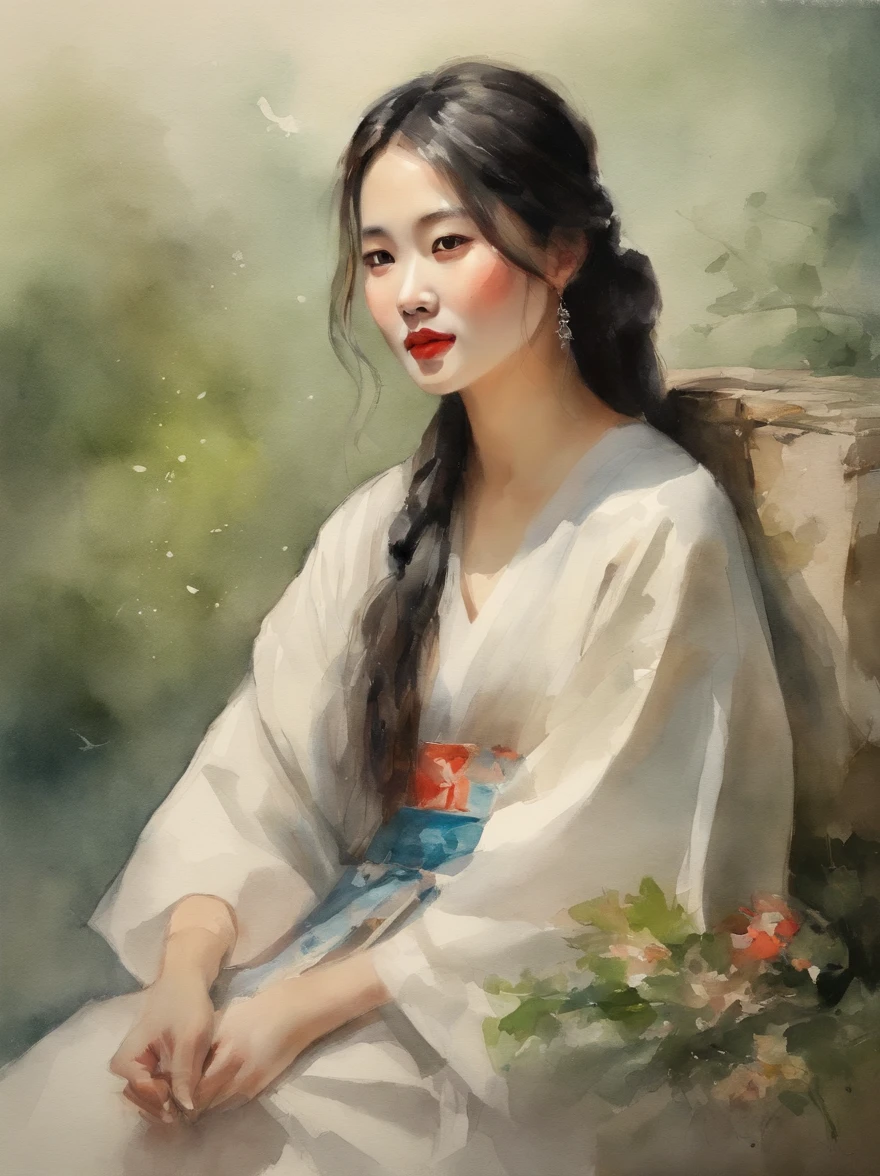 Watercolor painting of a Very Beautiful Korean girl : : Trending on Artstation: : Simple composition creates a sense of order and harmony. The painting reflects the spiritual qualities of the natural world. --up light --ar 9:16