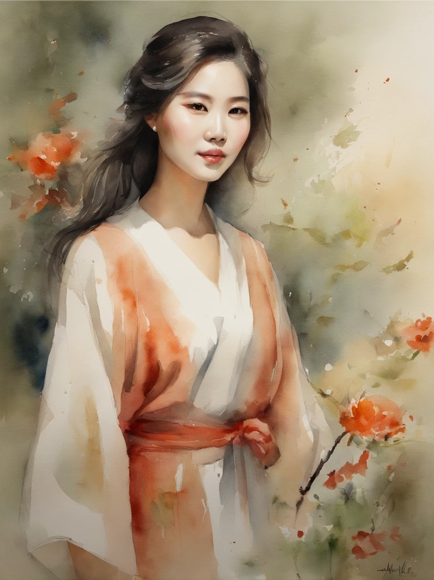 Watercolor painting of a Very Beautiful Korean girl : : Trending on Artstation: : Simple composition creates a sense of order and harmony. The painting reflects the spiritual qualities of the natural world. --up light --ar 9:16