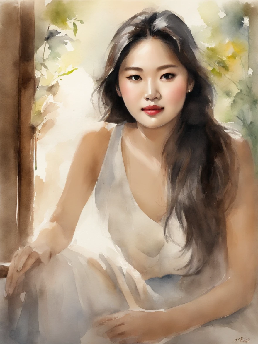 Watercolor painting of a Very Beautiful Korean girl : : Trending on Artstation: : Simple composition creates a sense of order and harmony. The painting reflects the spiritual qualities of the natural world. --up light --ar 9:16