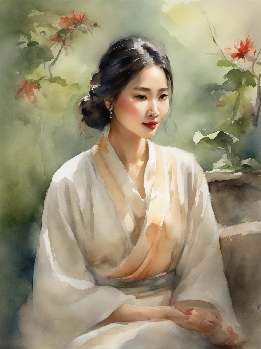 Watercolor painting of a Very Beautiful Korean girl : : Trending on Artstation: : Simple composition creates a sense of order and harmony. The painting reflects the spiritual qualities of the natural world. --up light --ar 9:16