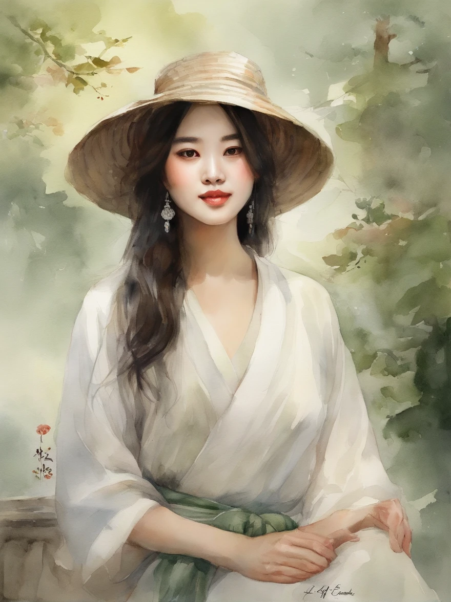 Watercolor painting of a Very Beautiful Korean girl : : Trending on Artstation: : Simple composition creates a sense of order and harmony. The painting reflects the spiritual qualities of the natural world. --up light --ar 9:16