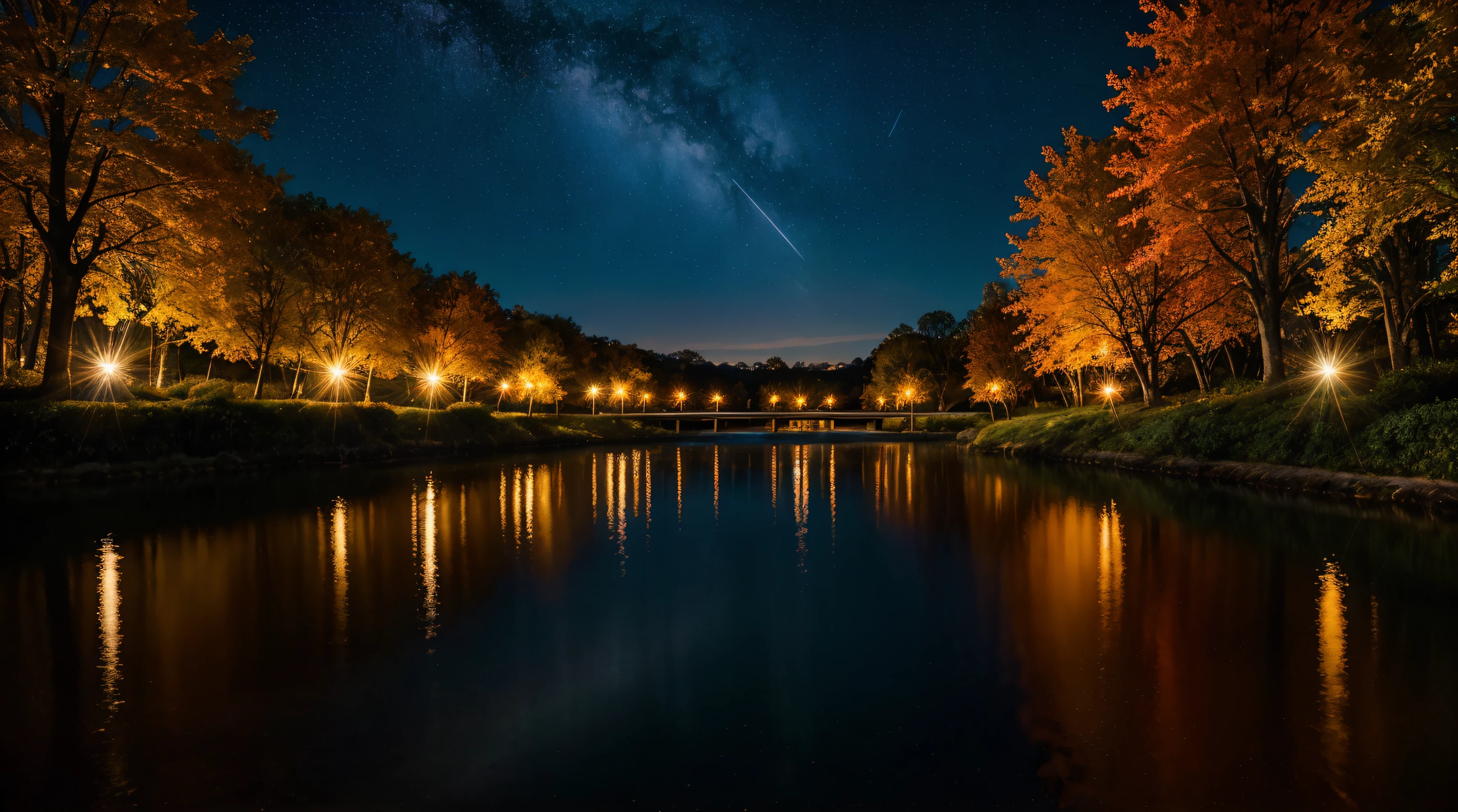 stunning scenery, surreal lighting, extremely extravagant lighting, vivid color, beautiful scenery, night, natural, little river running through the park
, (urban park fully lit and colorful), ((colorful spotlights)), ((stars in the sky)), (((hyper realistic water))), colorful reflection of water, orange stripe on the horizon