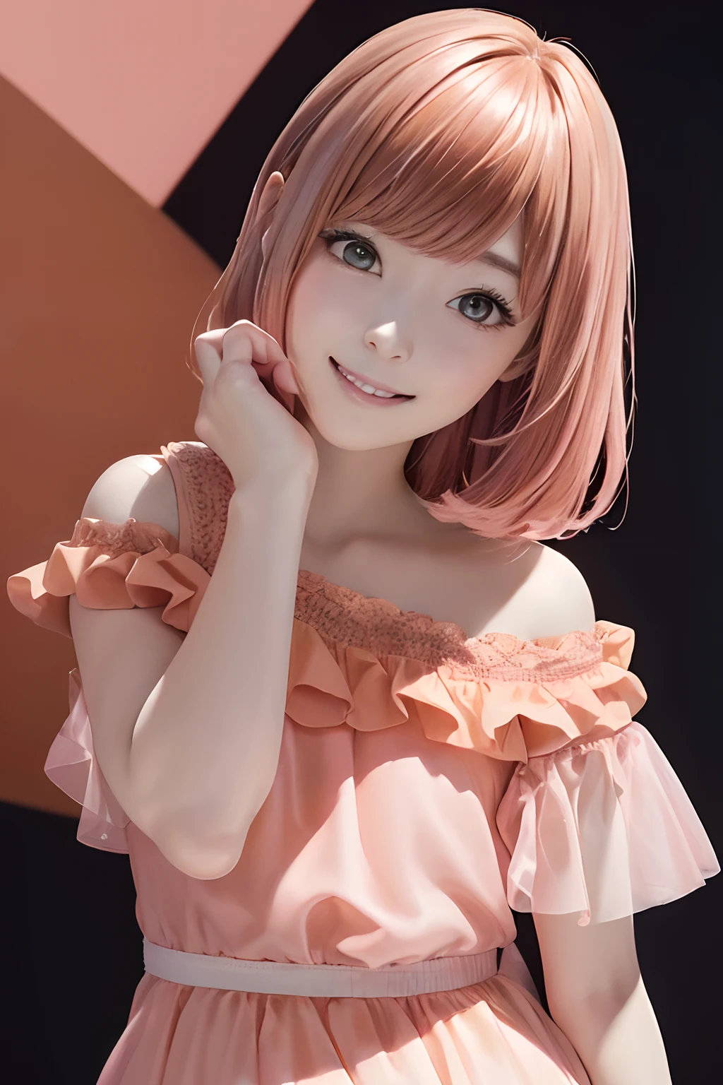 FULL BODYSHOT、(((black backgrounds)))、front facing、an oil painting、masterpiece、top-quality、front facing、hight resolution、(((Peach-colored hair)))、A smile、(((pink clothing)))、bobhair、(((Peach-colored dress)))、femele1a person、