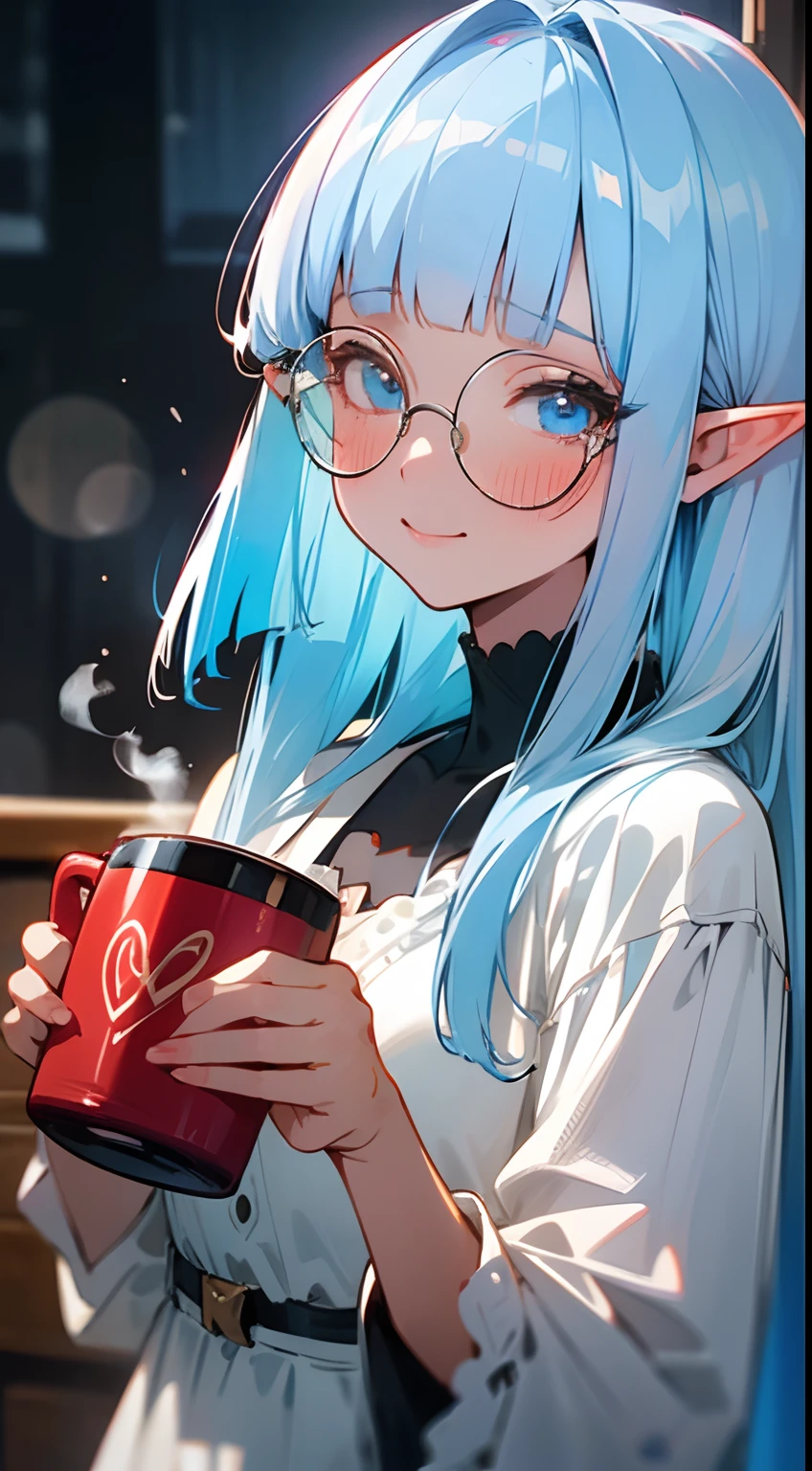 (masterpiece), best quality, a close up in a shy elf holding a mug of coffe, is late night, she is in the living room, warm colors, relaxing atmosphere, there is steam coming from the coffee, holding cup coffee, ((red mug)), she is wearing a white dress, cute girl, ((she is smiling, blushing, shy)), cute eyes, (1girl, solo,alone), photorealistic, perfect shading, , detailed, realistic hair, (perfect face, expressive eyes),(night, cosy, wood), cool colors,delicious coffee, aromatic, noturne, (innocent,feimine, gentle, soft, perfect mug), heart, bokeh
BREAK her hair is light blue, blunt bangs, long hair expressive eyes, perfect face, circle-glasses, light_blue_hair
BREAK ( white dress:1.3), (light_blue_hair:1.3),(blunt bangs:1.3),
BREAK vivid colors, perfect lighting, professional image, 4k, cuteness, soft, good emotions,
