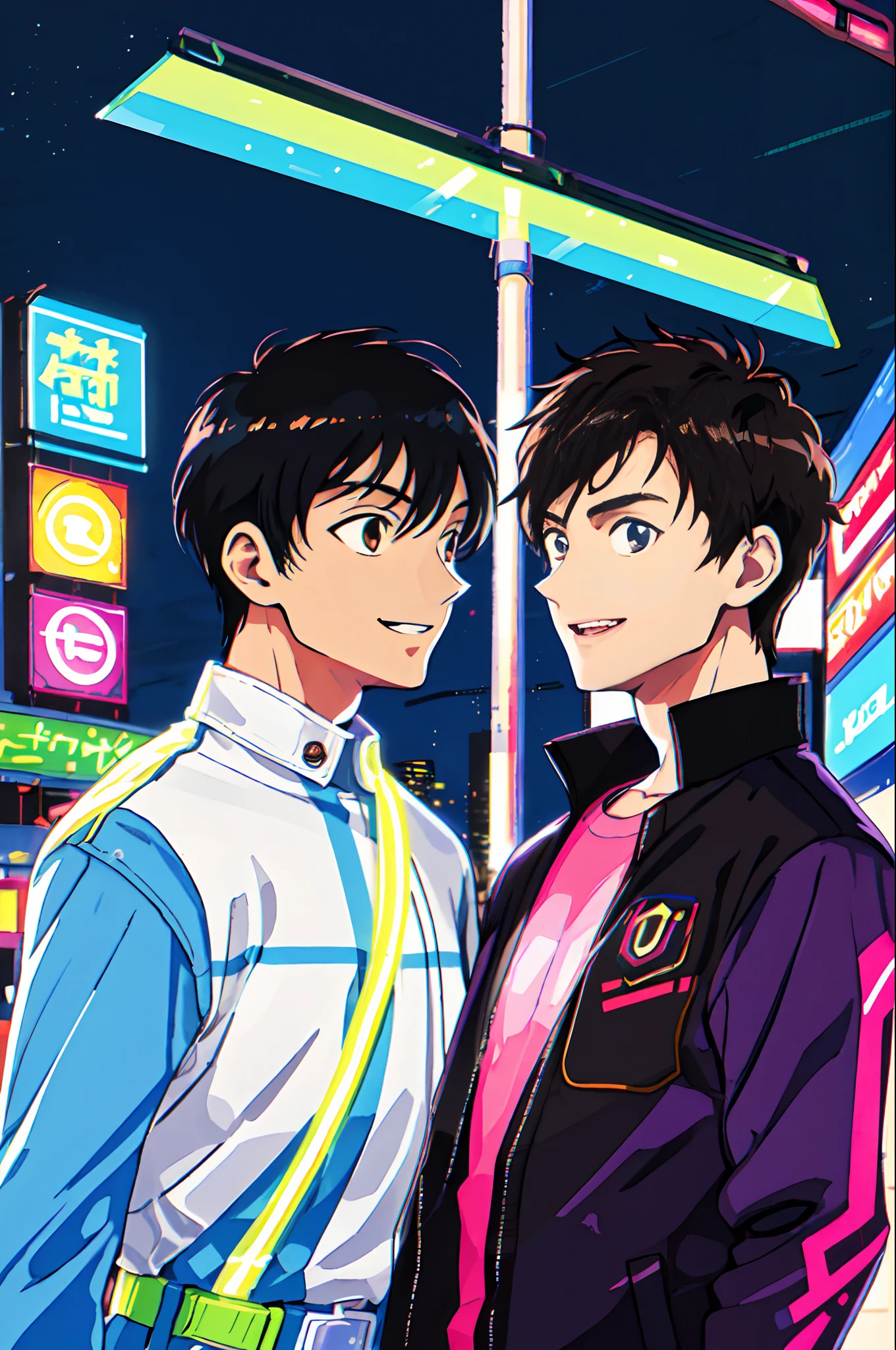 masterpiece, best quality, 2male,yaoi,gay relationship, city pop, night, neon light, looking at another, eye contact,upper body, vector illustration, jacket, light smile