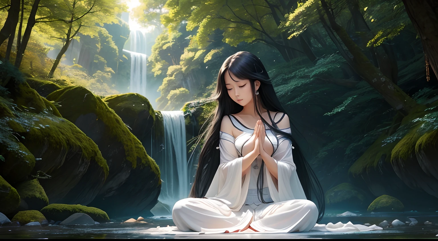 Beautiful Asian Girl Meditation 4k, HD Artist, 4k Wallpapers, Images, Fotorrealista e realista, Serene meditation under a heavenly canopy in fractal embrace, Long, flowing black hair，ventos fortes，olhos castanhos