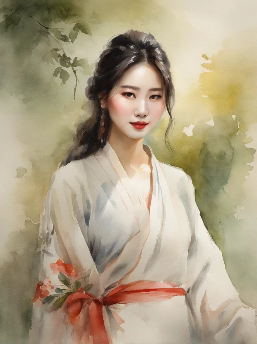 Watercolor painting of a Very Beautiful Korean girl : : Trending on Artstation: : Simple composition creates a sense of order and harmony. The painting reflects the spiritual qualities of the natural world. --up light --ar 9:16