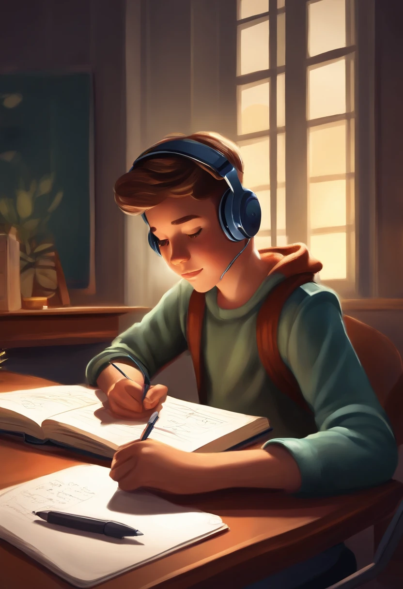 Digital illustration of a boy seated at a desk, holding a pencil and writing notes in a notebook. He is wearing headphones, and his expression reflects deep focus as he listens to music or an audiobook while taking notes. The soft glow of a desk lamp illuminates his workspace, creating a cozy and studious atmosphere.