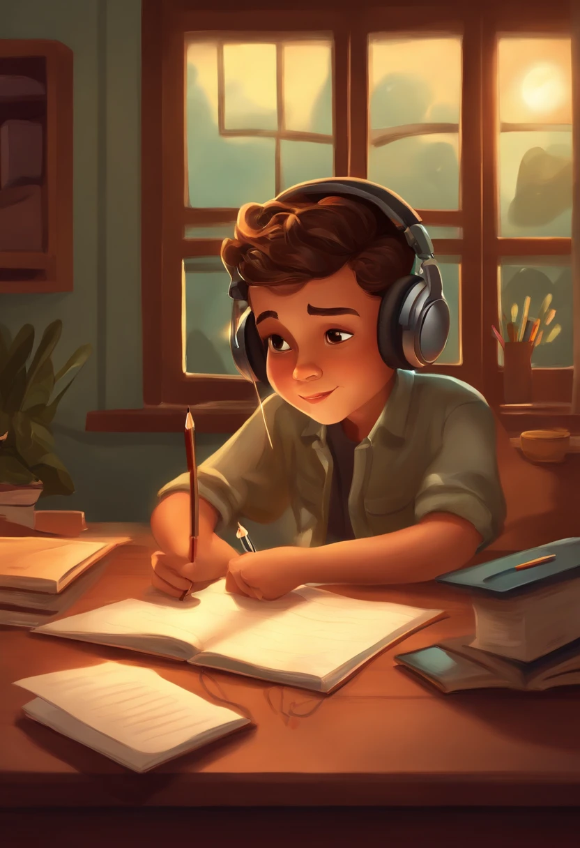 Digital illustration of a boy seated at a desk, holding a pencil and writing notes in a notebook. He is wearing headphones, and his expression reflects deep focus as he listens to music or an audiobook while taking notes. The soft glow of a desk lamp illuminates his workspace, creating a cozy and studious atmosphere.