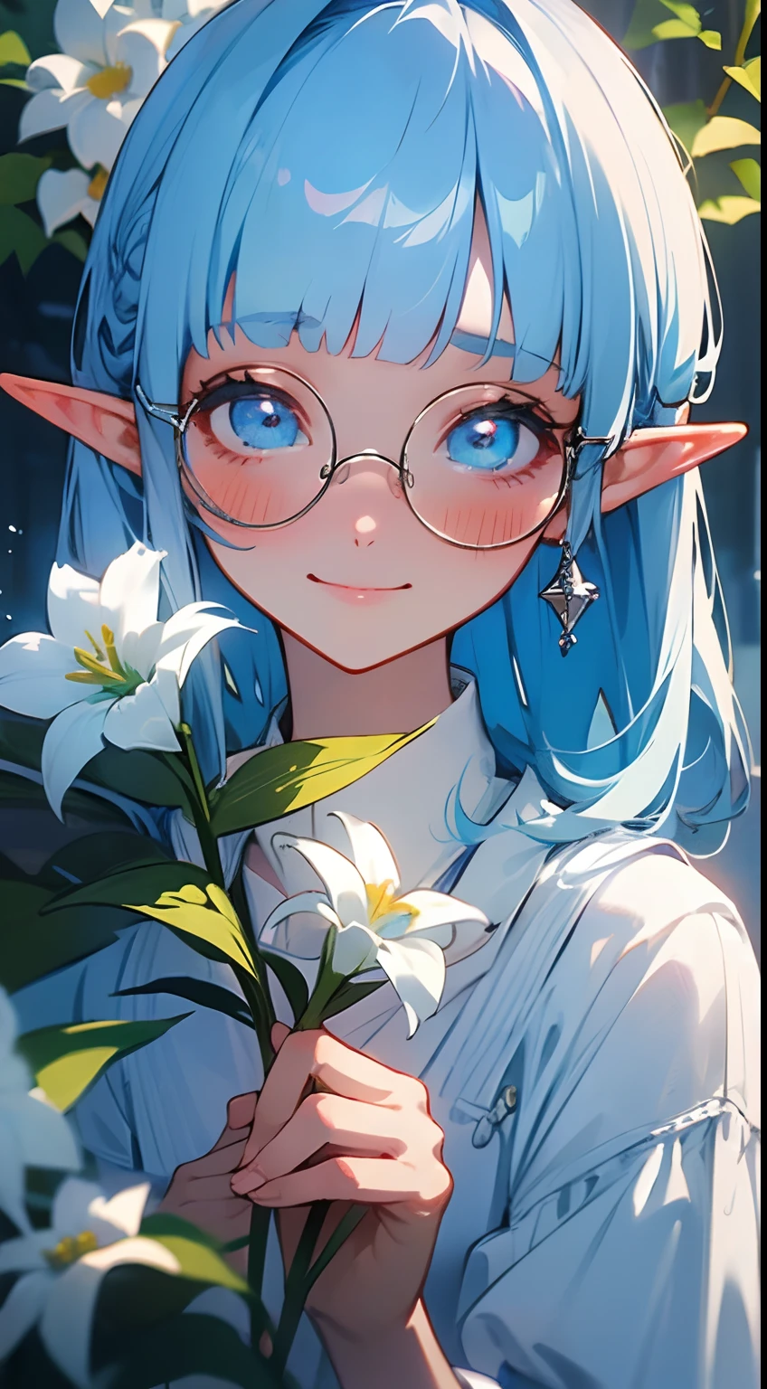 (masterpiece), best quality, a close up in a shy elf with a holding a blue flower, holding, garden, flower, she is wearing a white dress, cute girl, ((she is smiling, blushing, smile, holding flower)), cute eyes, (1girl, solo,alone), photorealistic, perfect shading, , detailed, realistic hair, (perfect face, expressive eyes), cool colors,delicious coffee, aromatic,, (innocent,feimine, gentle, soft), blue flower
BREAK her hair is light blue, blunt bangs, long hair expressive eyes, perfect face, circle-glasses, light_blue_hair
BREAK ( white dress:1.3), (light_blue_hair:1.3),(blunt bangs:1.3),
BREAK vivid colors, perfect lighting, professional image, 4k, cuteness, soft, good emotions,