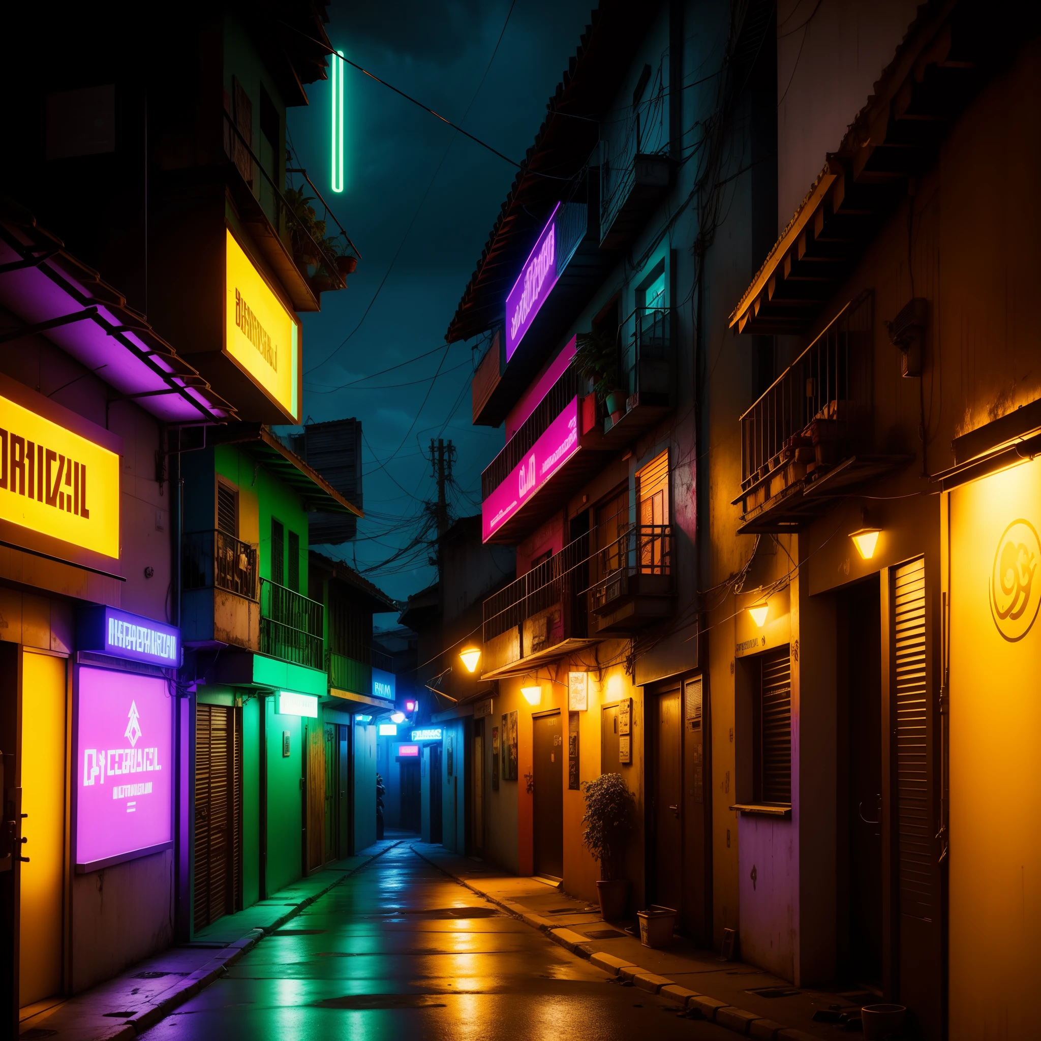 Brazilian cyberpunk favela, cyberpunk brazilian favela street, photograph of the front of a cyberpunk brazilian bar, cyberpunk barcyber, cyberpunk neon signs, volumetric lighting, realism, ultrz realism, light grainy effect, hostile and dark environment