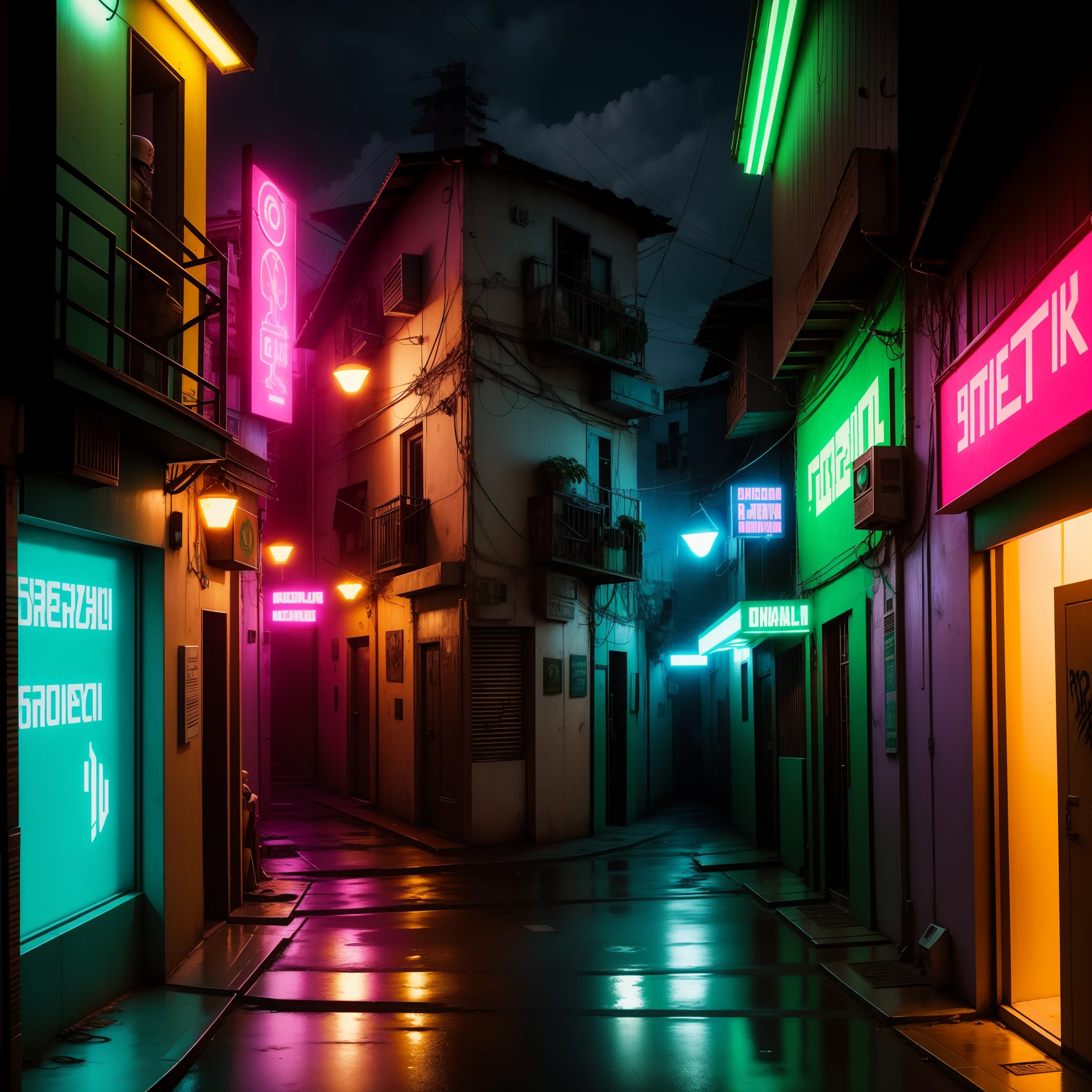 Brazilian cyberpunk favela, cyberpunk brazilian favela street, photograph of the front of a cyberpunk brazilian bar, cyberpunk barcyber, cyberpunk neon signs, volumetric lighting, realism, ultrz realism, light grainy effect, hostile and dark environment