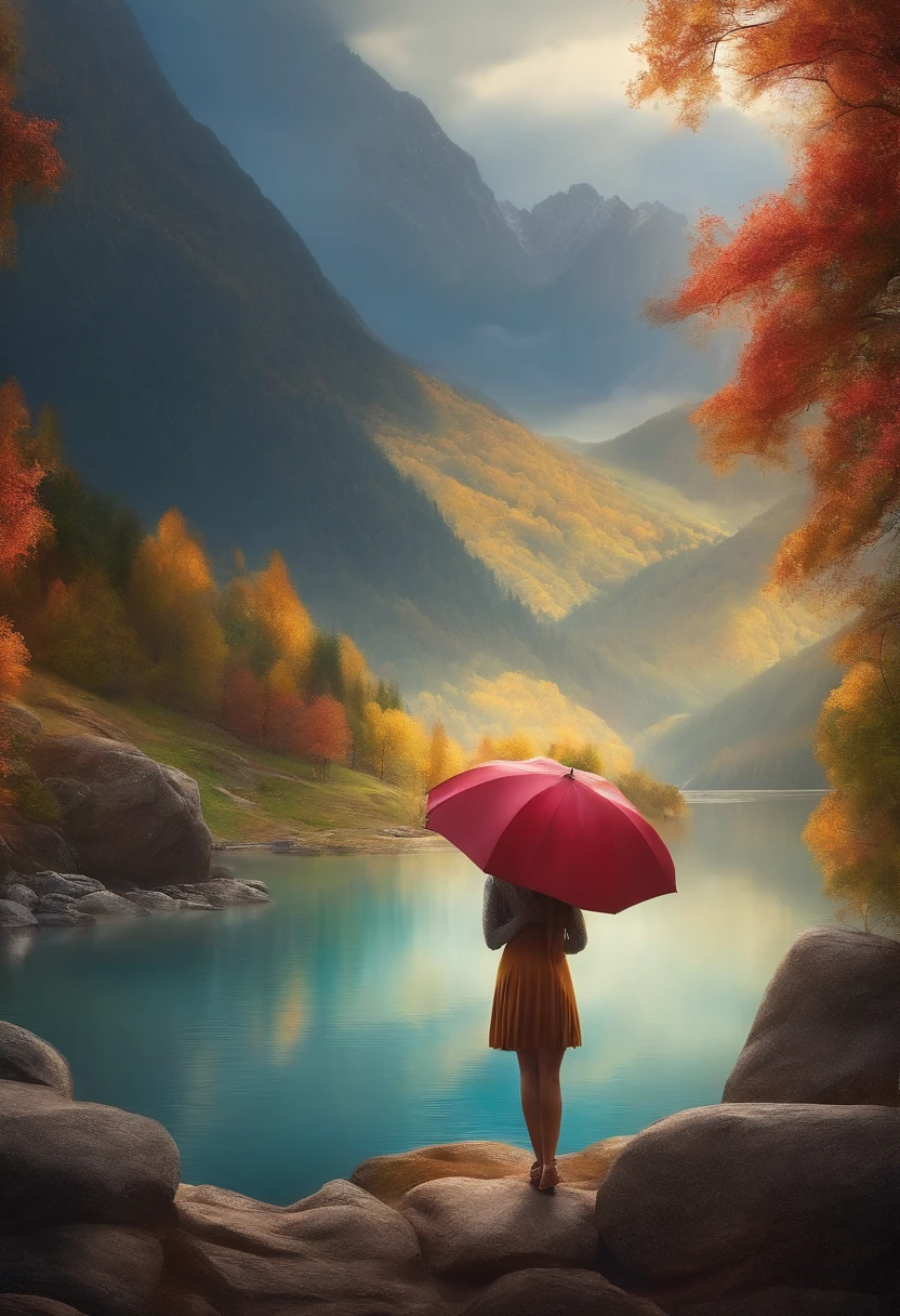 Realistic landscape, with a girl under an umbrella, Against the backdrop of the mountains, Girl with a smile